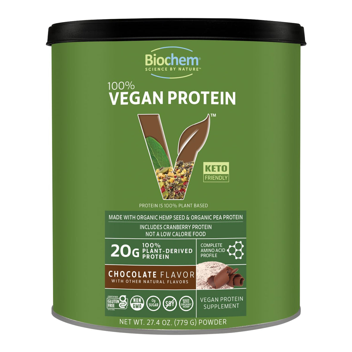 Biochem frente del empaque chocolate mostrando tamaño y beneficios