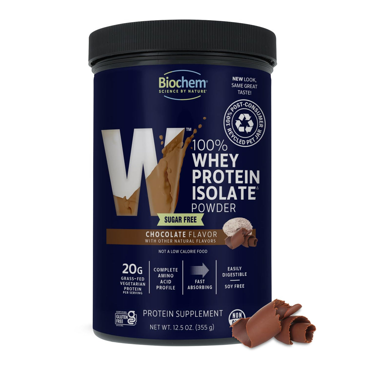 Biochem envase frontal chocolate sin azúcar mostrando diseño y beneficio conveniencia