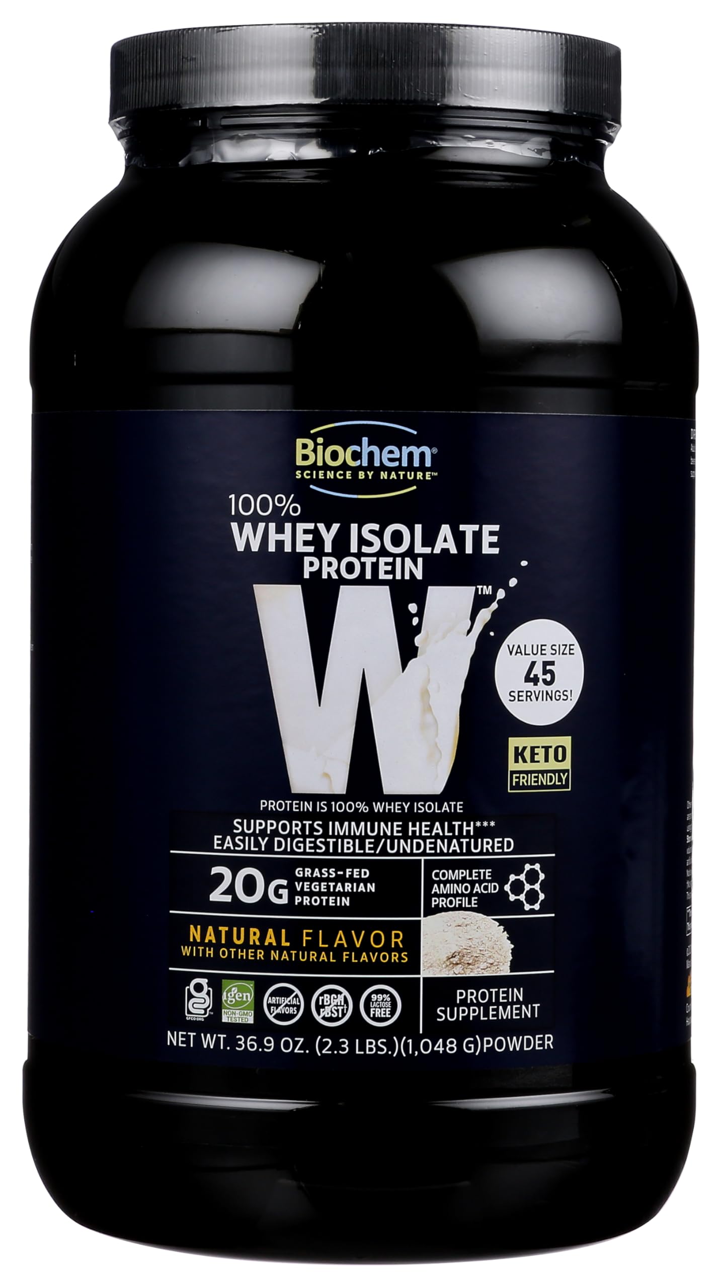 Biochem envase frontal mostrando 20 g proteína y mezcla fácil