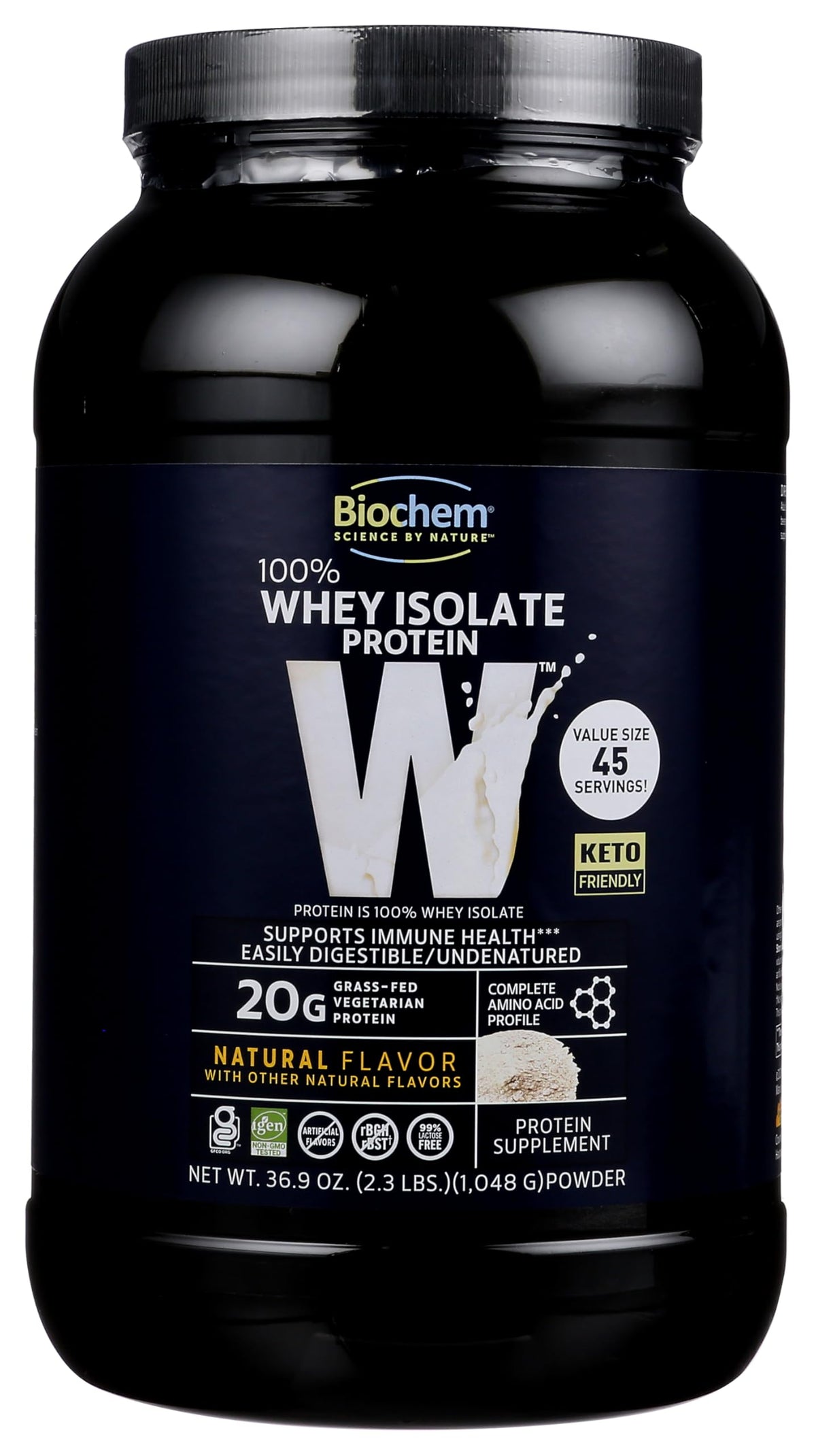 Biochem envase frontal mostrando 20 g proteína y mezcla fácil