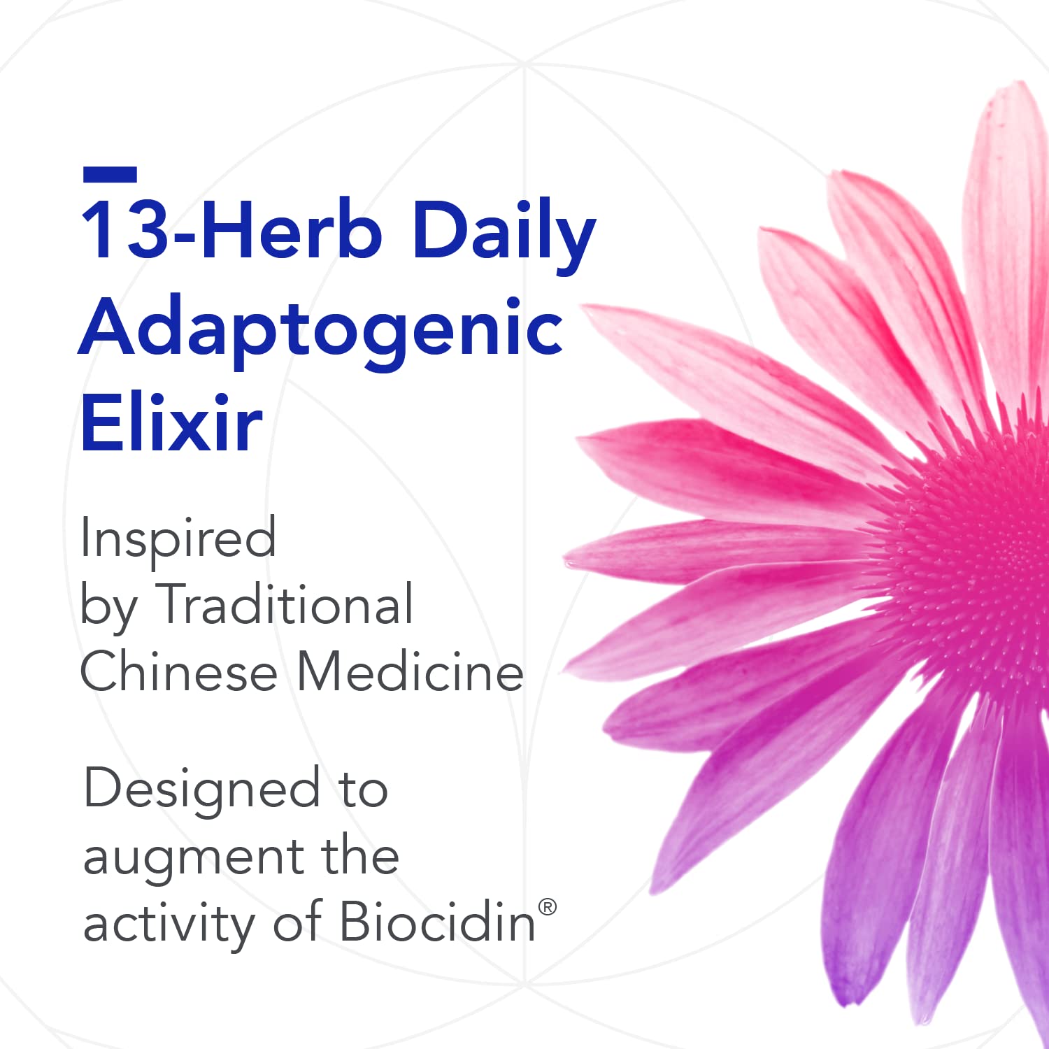 Biocidin Biotonic etiqueta legible con ingredientes clave para apoyo adaptógeno