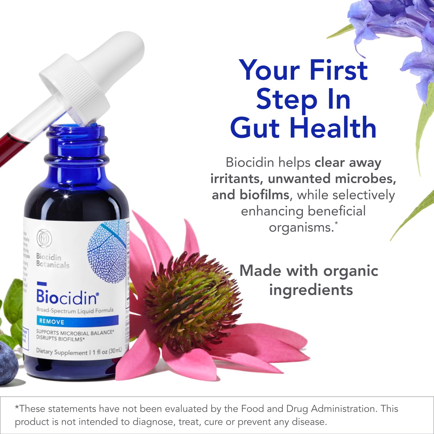 Biocidin Broad-Spectrum Liquid etiqueta con lista de ingredientes botánicos y beneficios