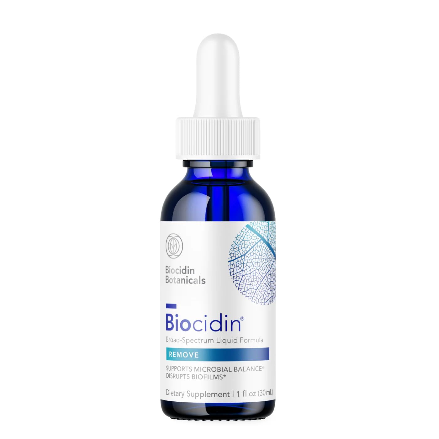 Biocidin Broad-Spectrum Liquid frontal del envase mostrando etiqueta clara y profesional