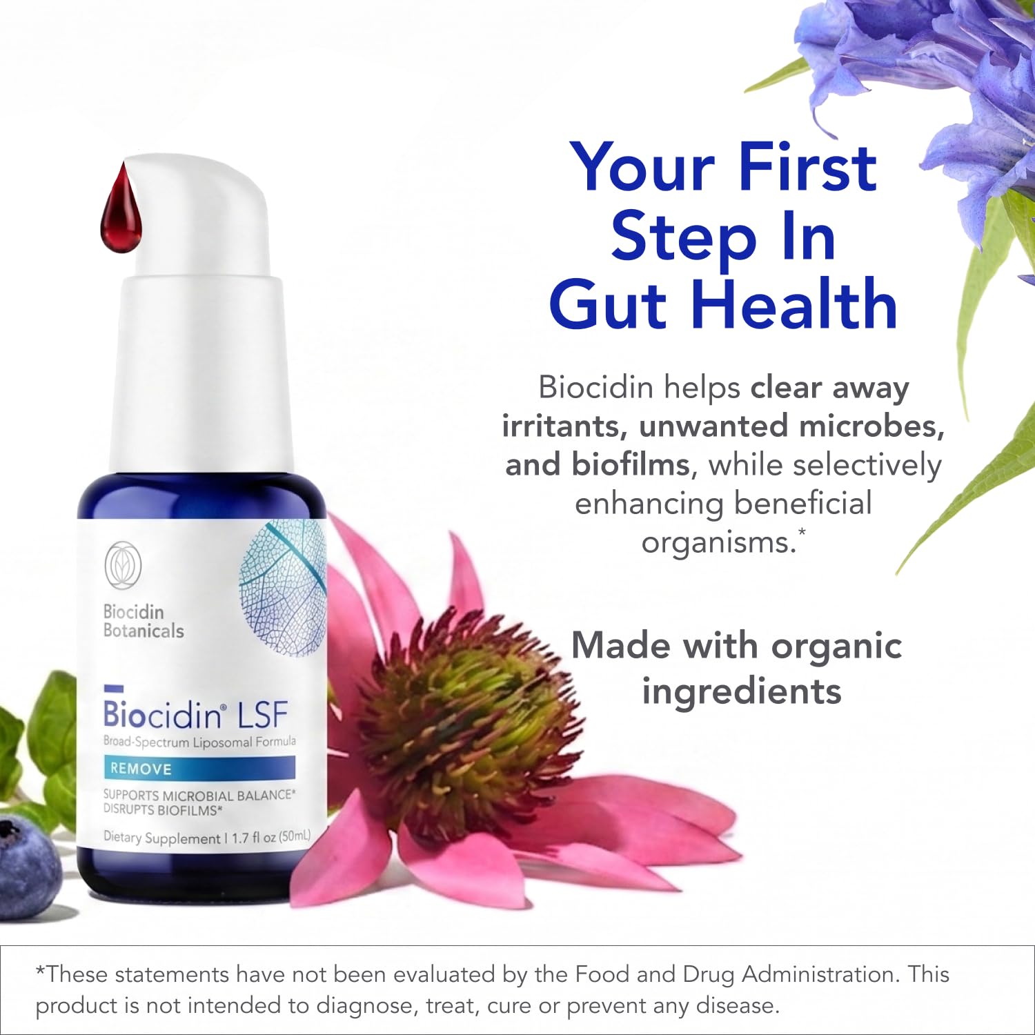 Bio-Botanical Research Biocidin close-up de textura liposomal en gotero, beneficio entrega suave y palatable