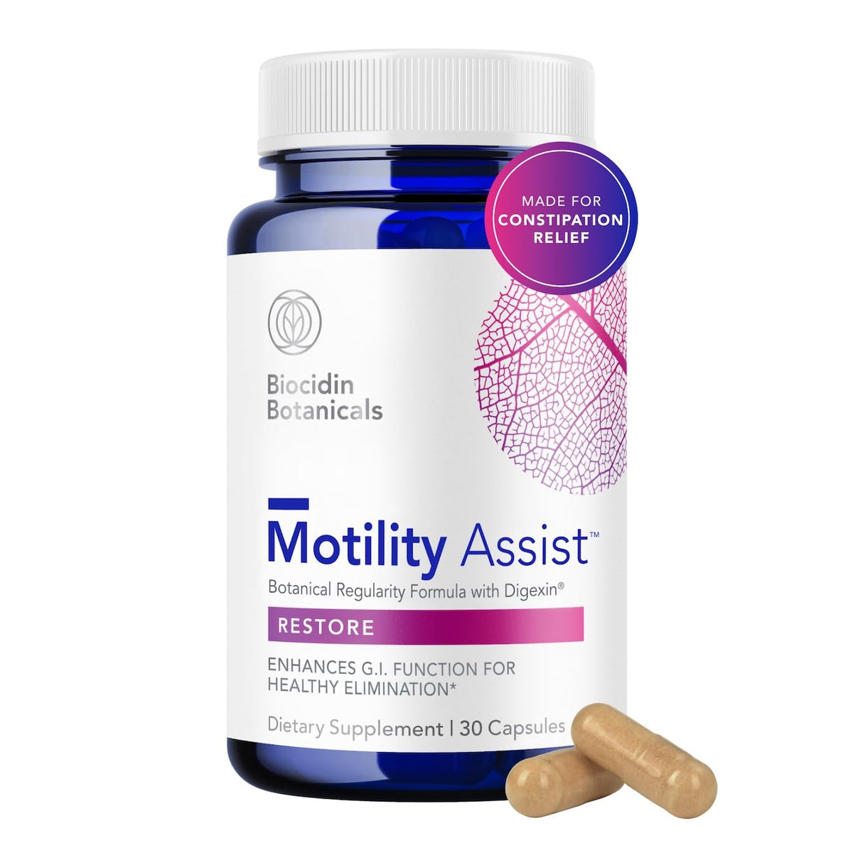Biocidin Motility Assist empaque frontal mostrando la marca y beneficio digestivo