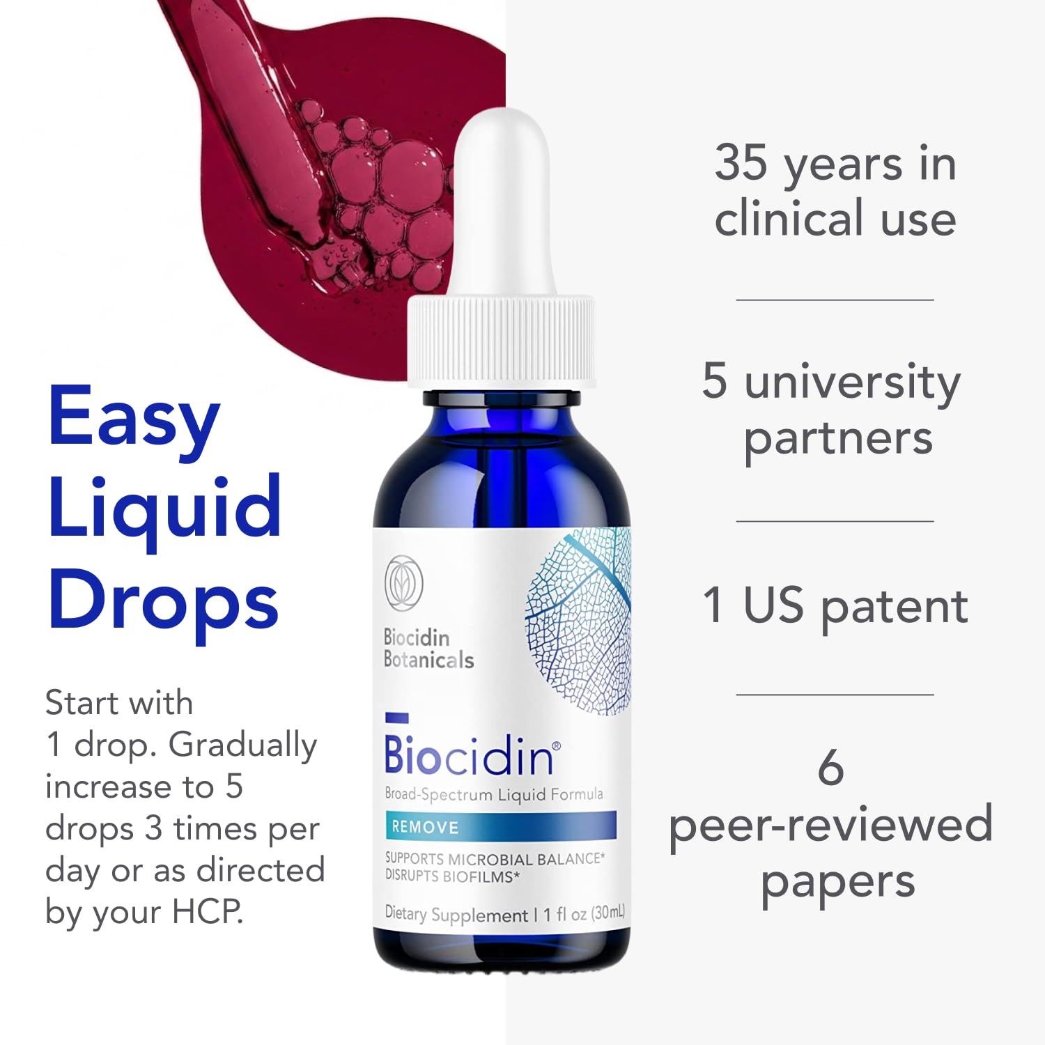 Biocidin Broad-Spectrum Liquid botella en mano para comparar tamaño y portabilidad