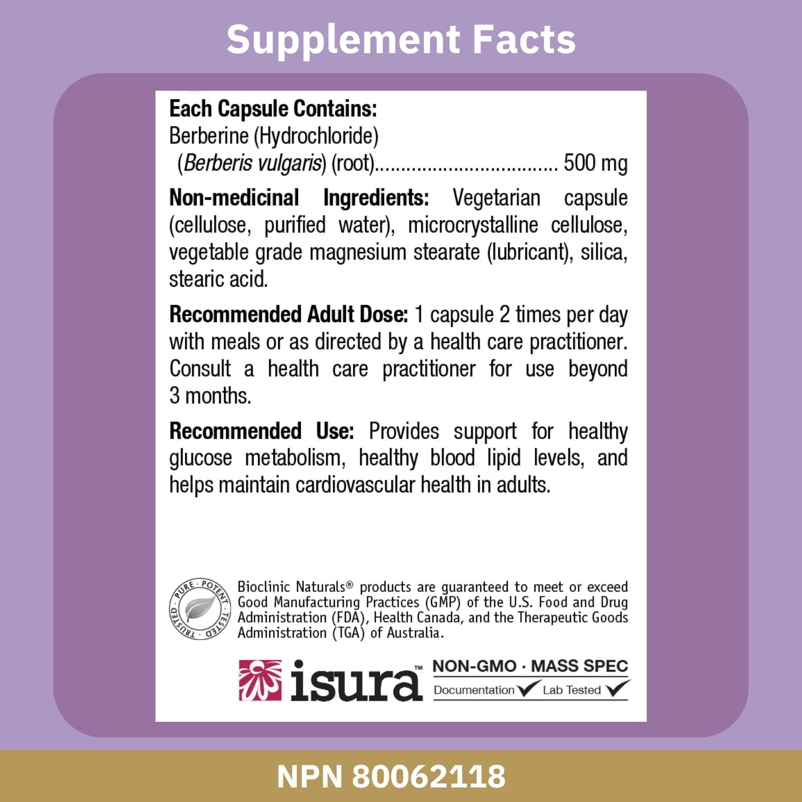 Bioclinic Naturals etiqueta con información de 500 mg y origen botánico