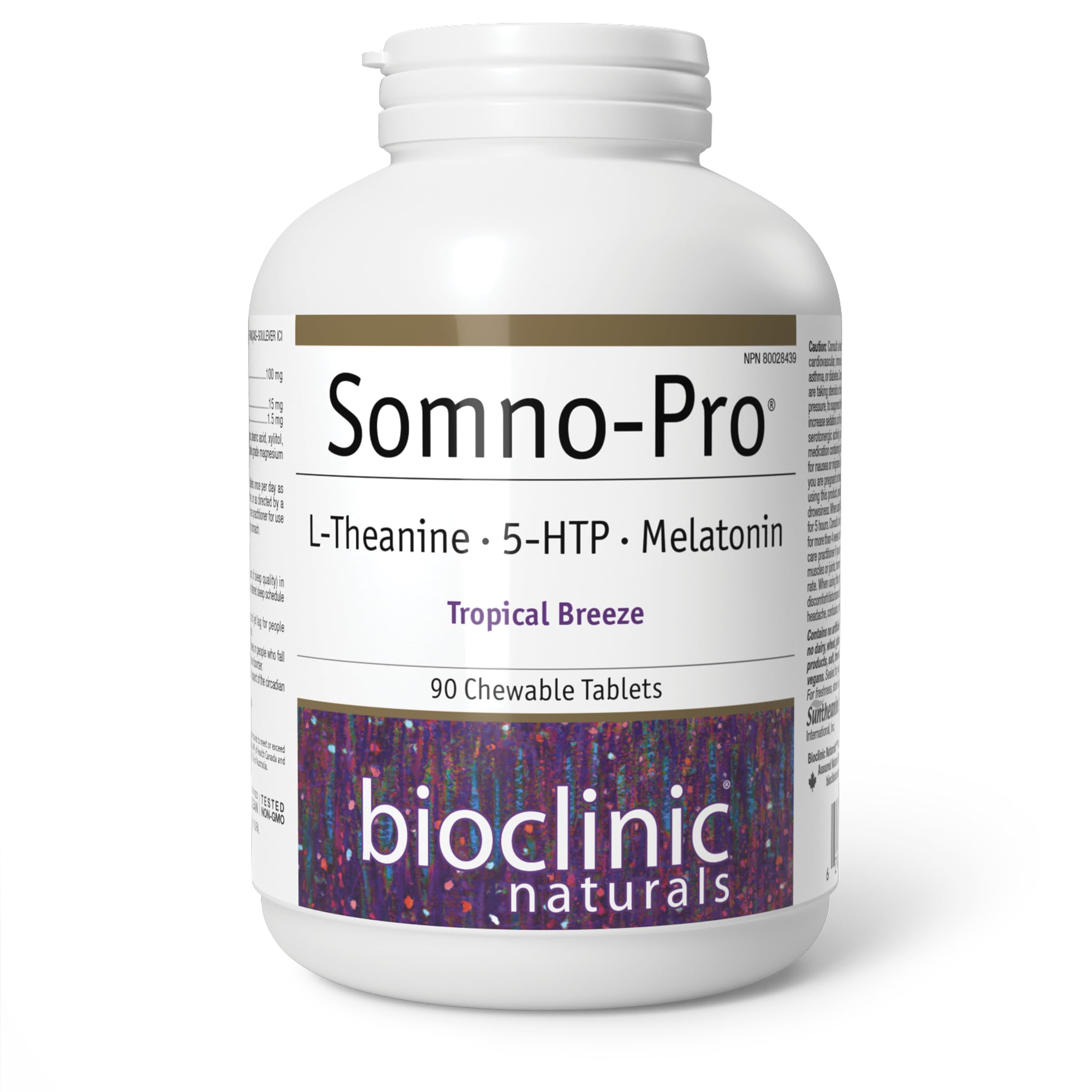 Bioclinic Naturals Somno Pro frontal del envase mostrando 90 comprimidos y beneficio práctico