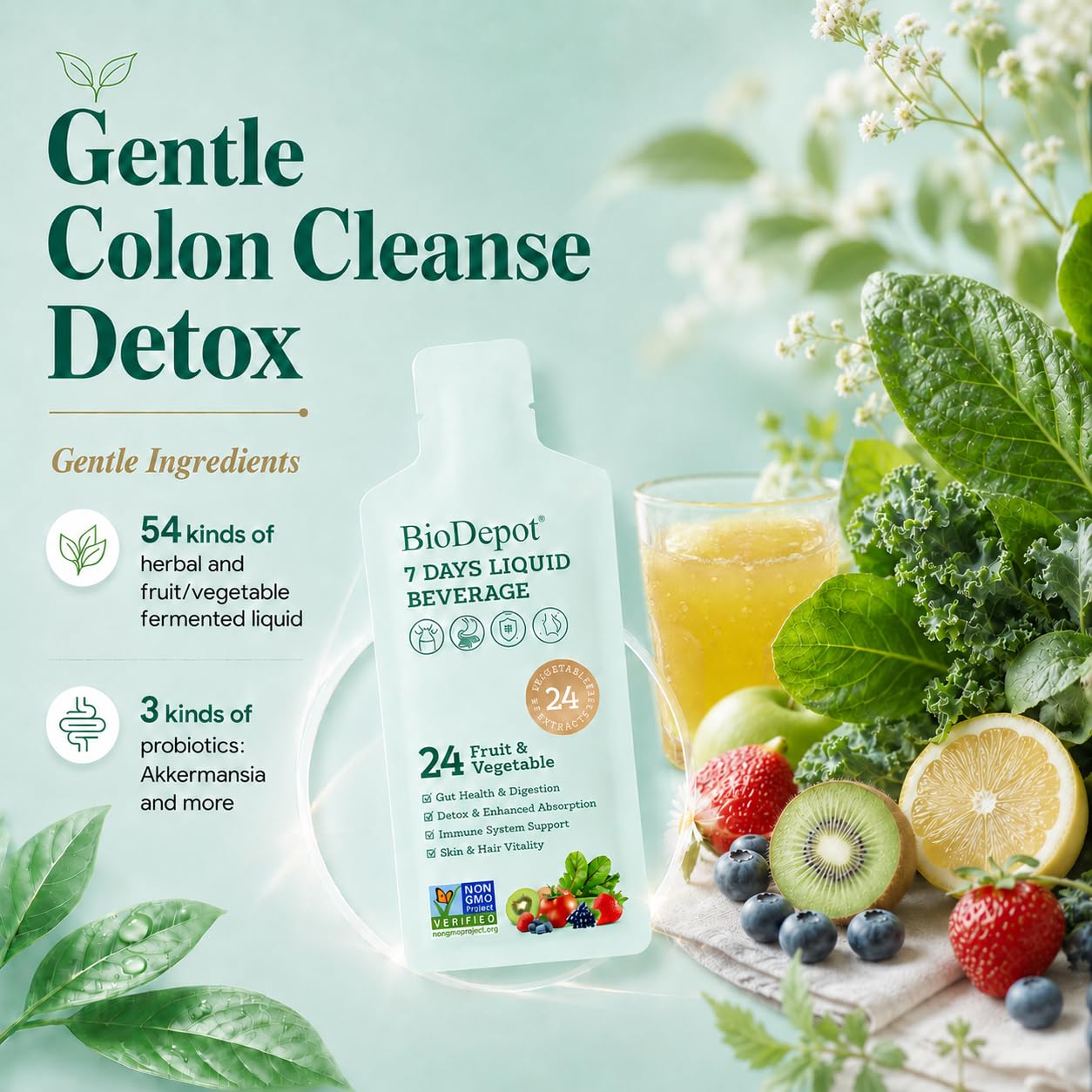 Biodepot detalle de la etiqueta indicando 24 frutas y probióticos