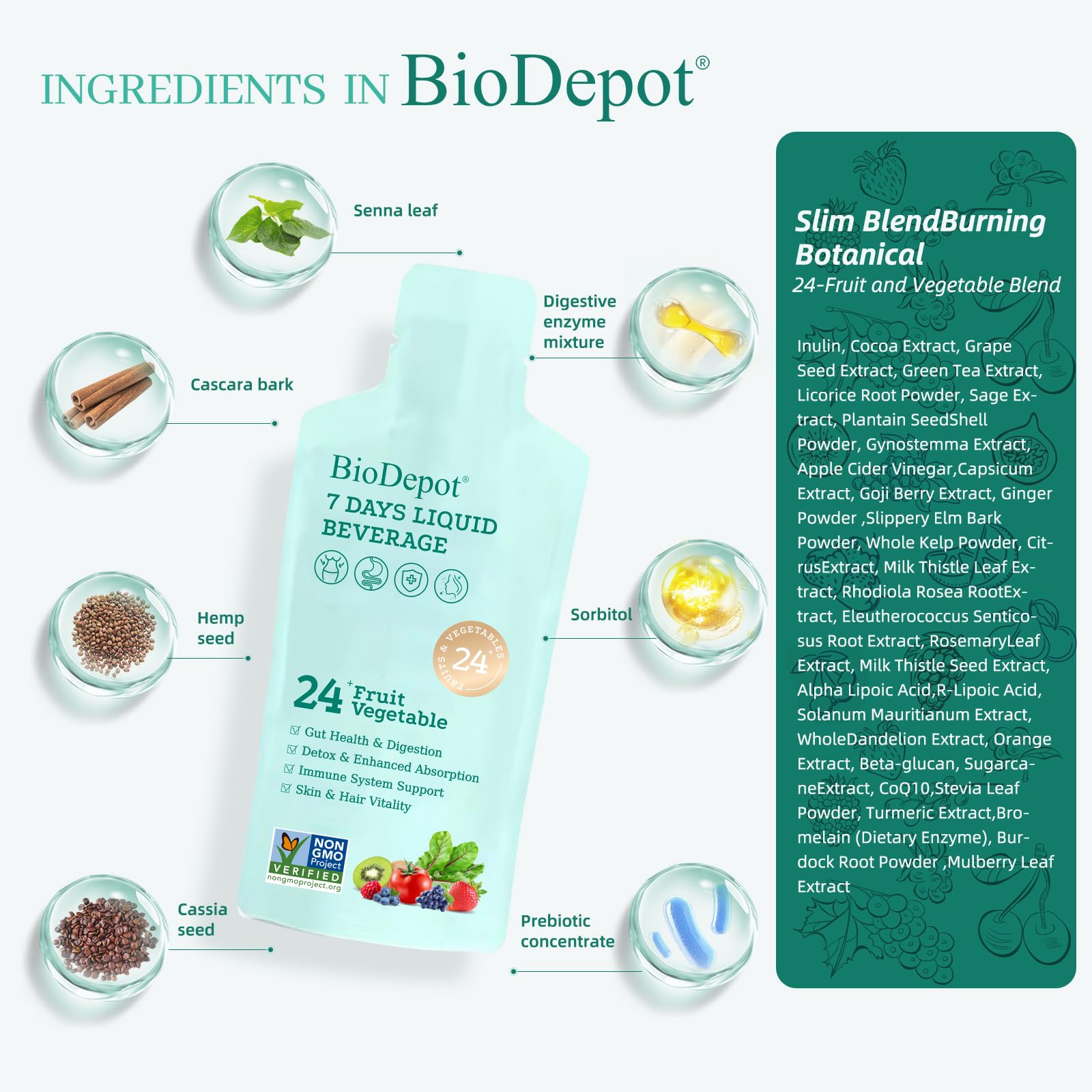 Biodepot etiqueta con lista de 24 frutas y verduras aportando diversidad nutricional