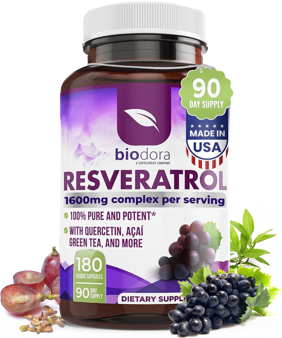 Biodora frasco frontal del producto mostrando 180 cápsulas y beneficio antioxidante