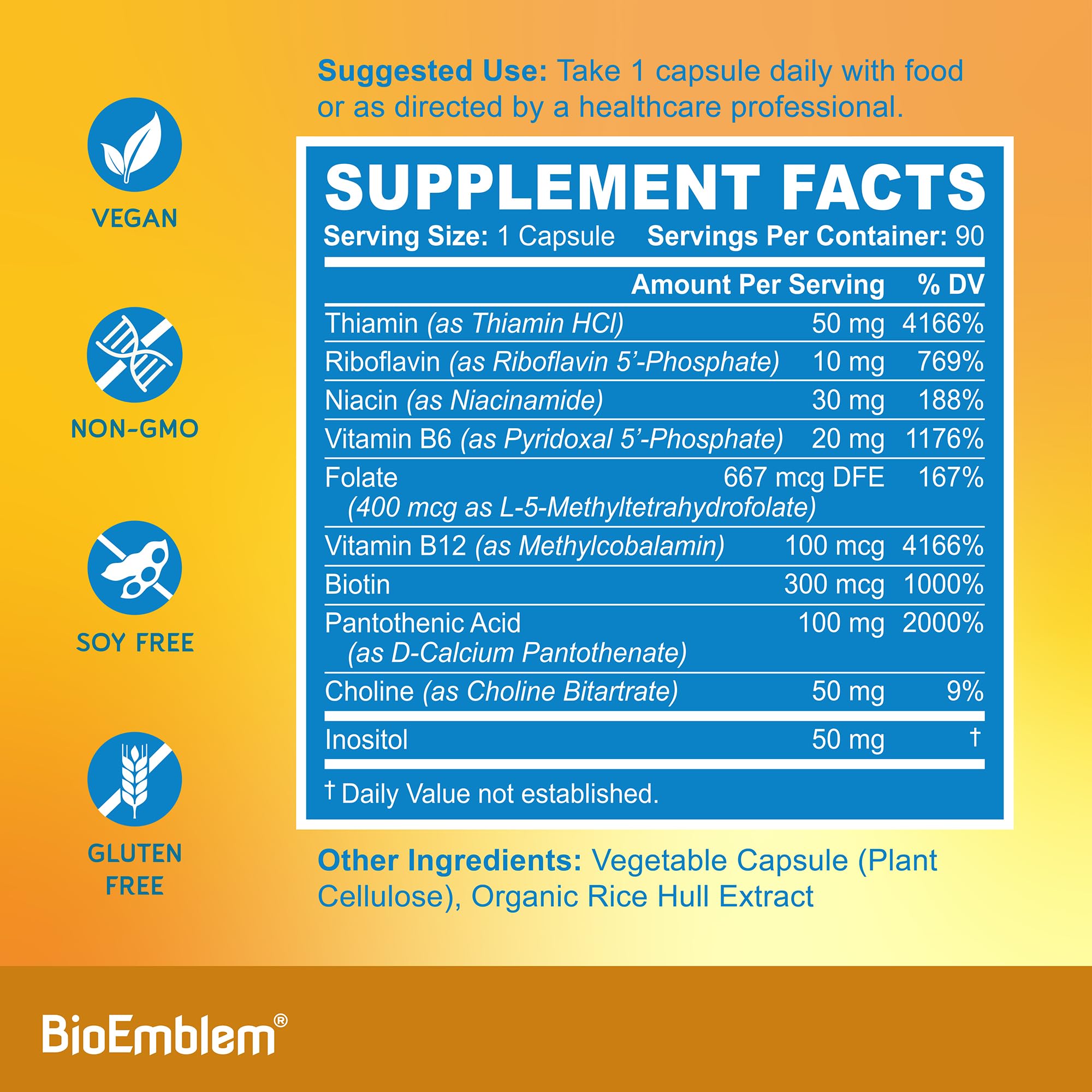 BioEmblem ingredientes activos listados destacando metilfolato y B12
