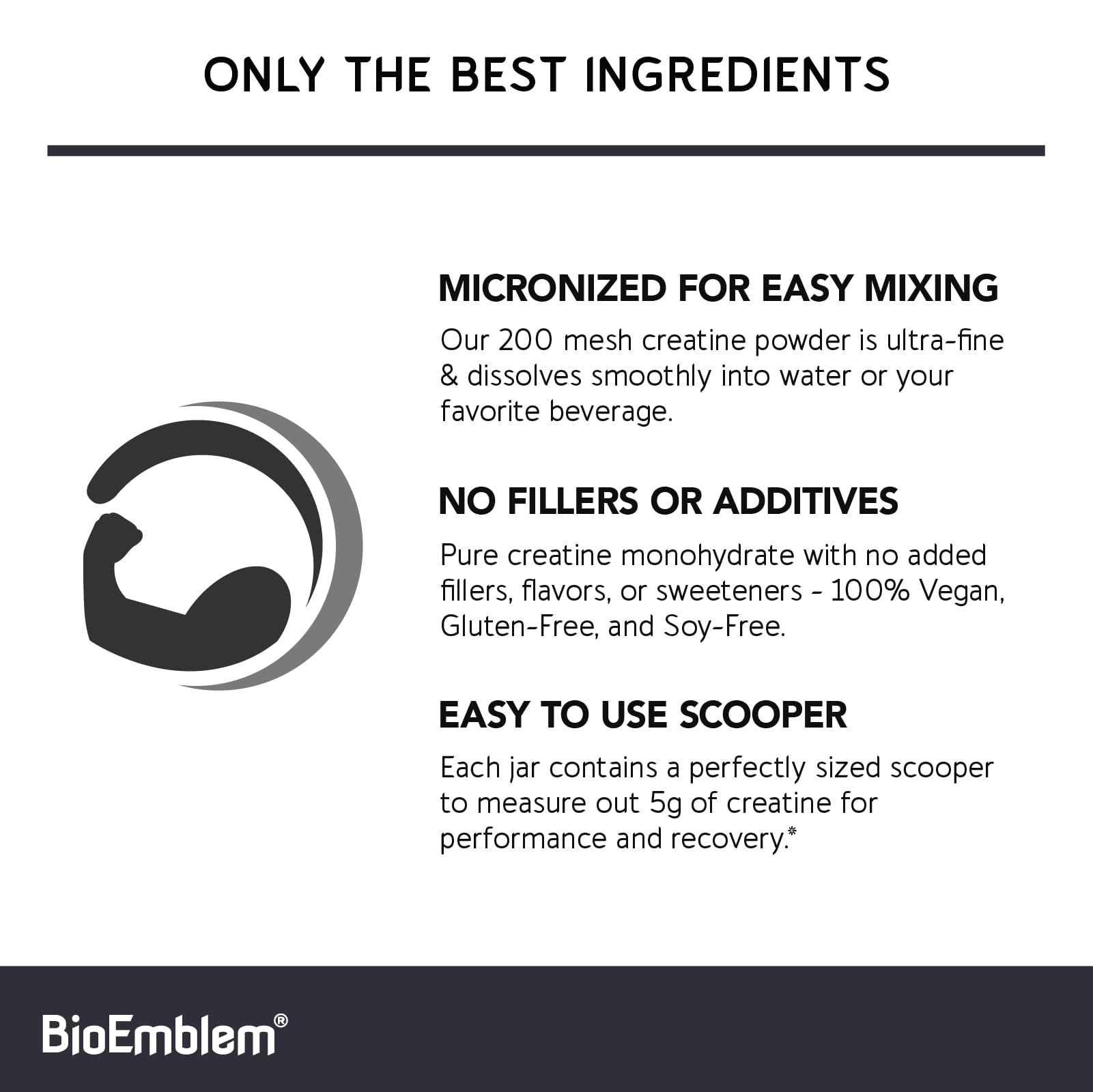 BioEmblem cuchara llena de creatina micronizada lista para medir