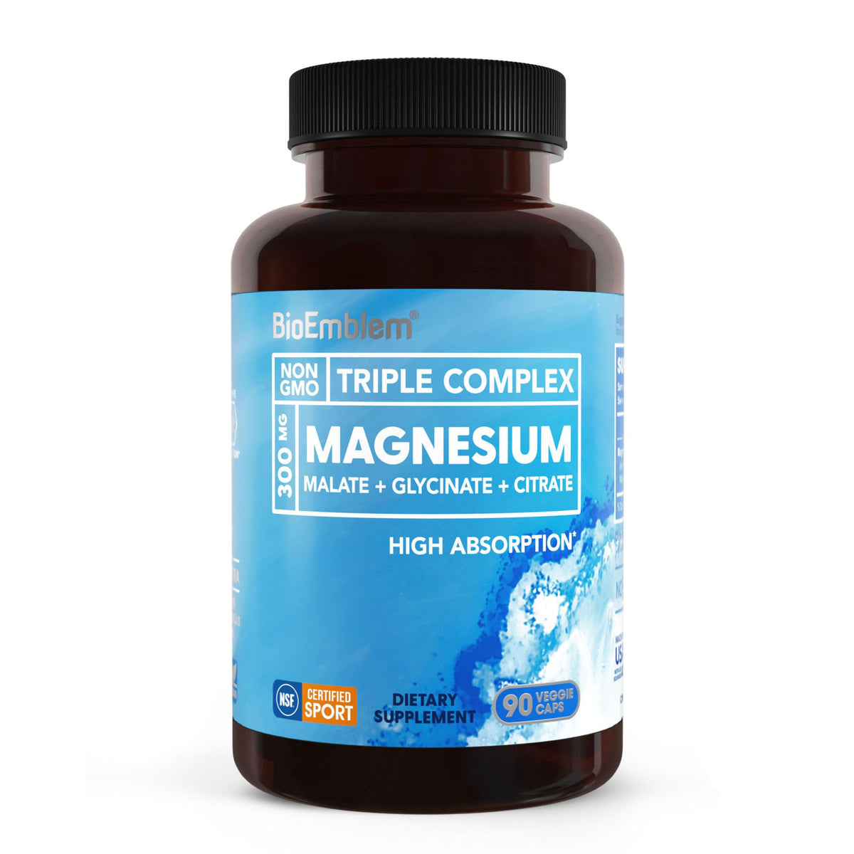 BioEmblem frasco frontal del Triple Magnesium Complex con diseño claro y cápsulas visibles