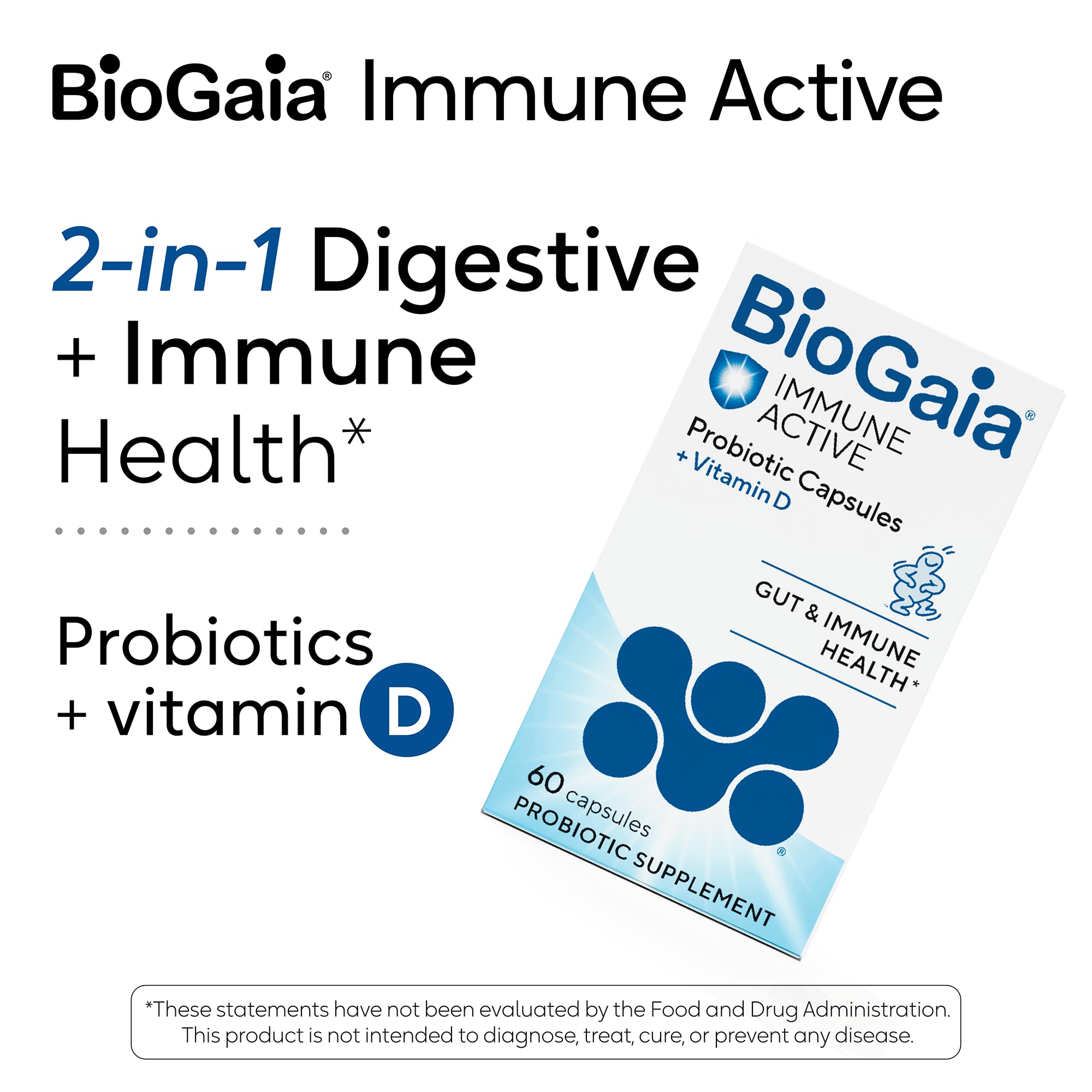 BioGaia caja abierta con cápsulas indicando suministro de 60 días y conveniencia