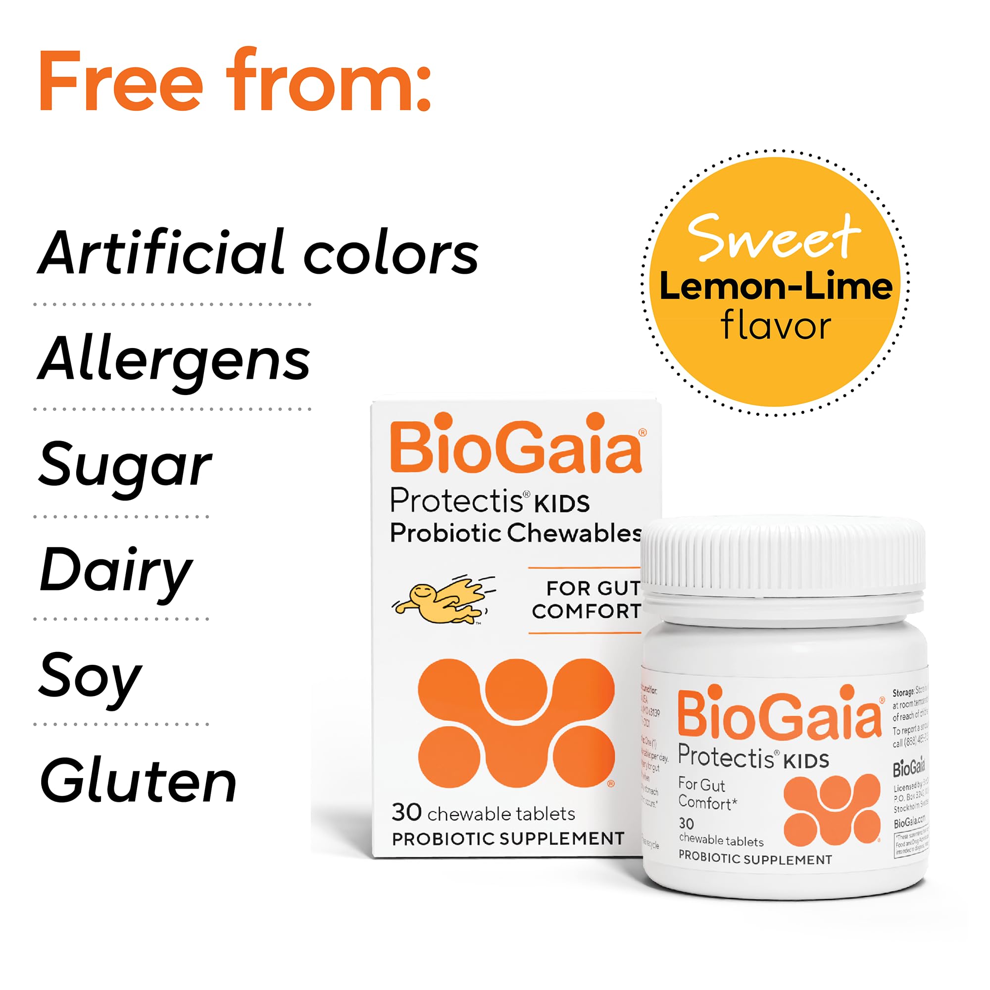 BioGaia caja junto a limón y lima indicando sabor natural agradable