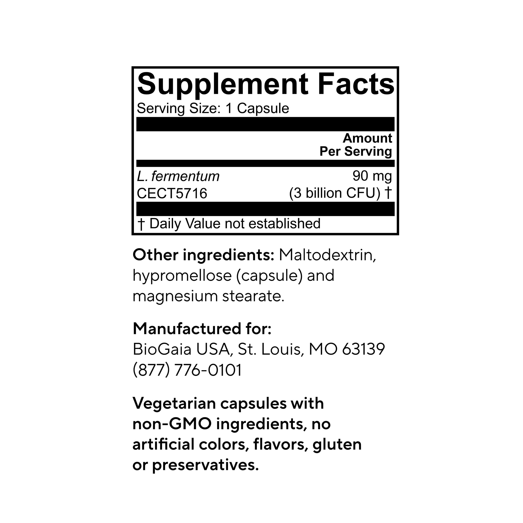 BioGaia Elactia etiqueta con ingredientes y uso para tranquilidad