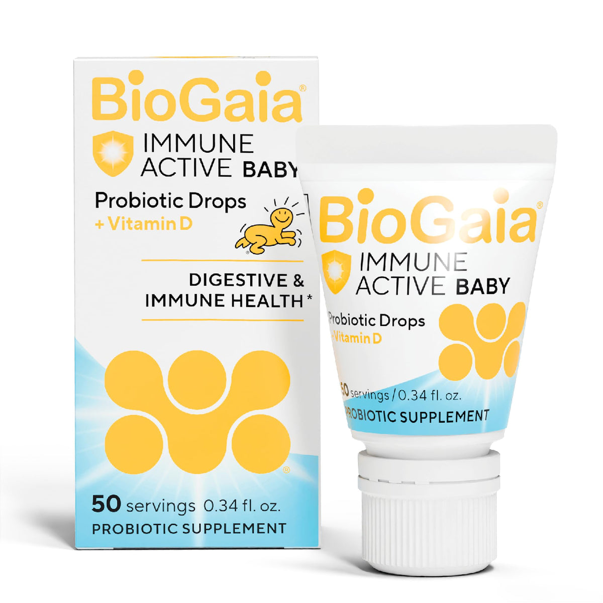 BioGaia frasco frontal mostrando diseño y uso seguro