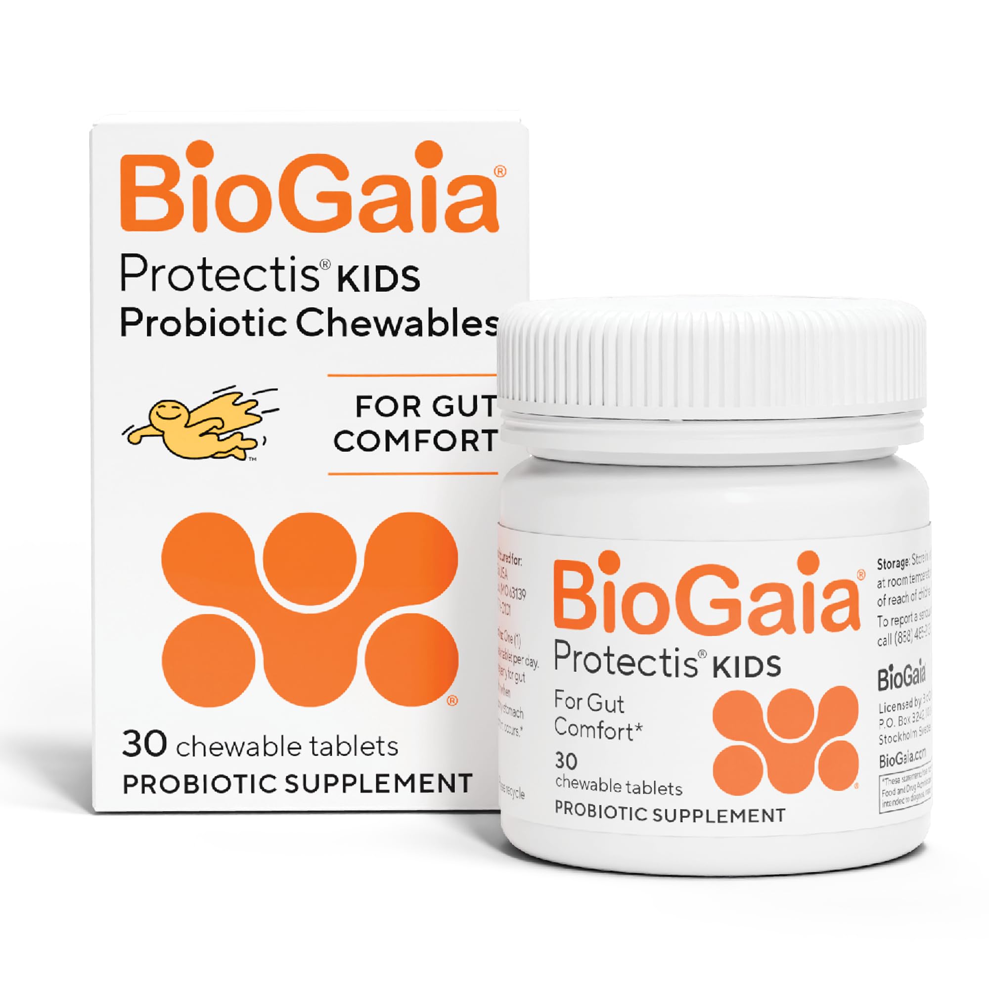 BioGaia frente del empaque mostrando 30 tabletas y fácil dosificación