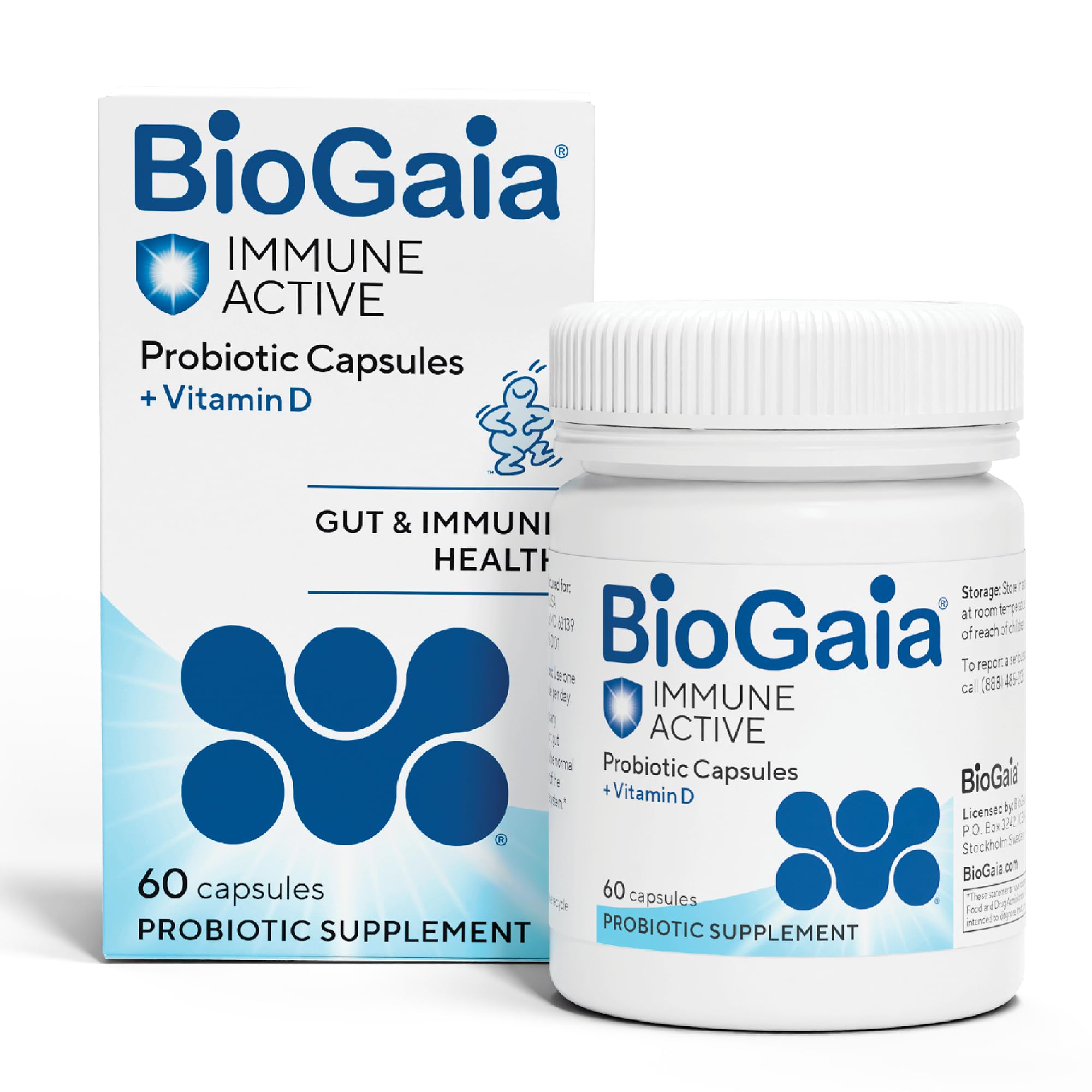 BioGaia vista frontal del empaque que destaca probiótico y vitamina D para apoyo inmunitario