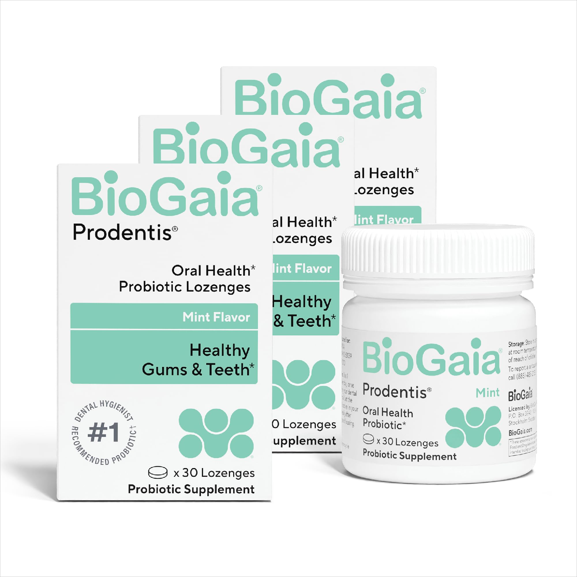 BioGaia producto frente del empaque mostrando el pack de tres beneficiando la salud oral