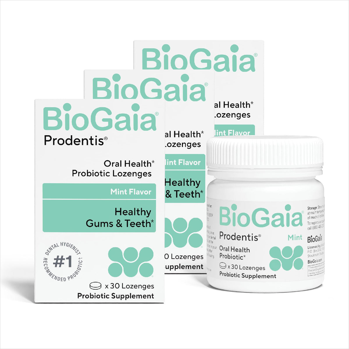 BioGaia producto frente del empaque mostrando el pack de tres beneficiando la salud oral