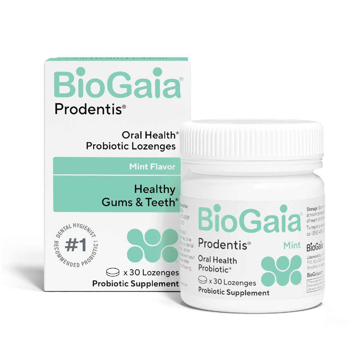 BioGaia Prodentis frente del empaque que muestra la marca y ventaja menta