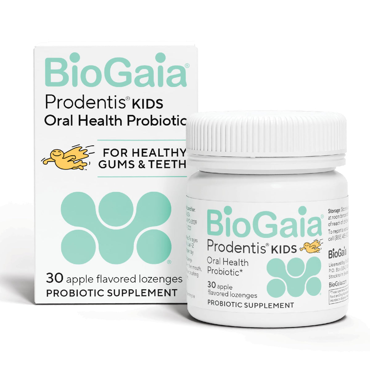 BioGaia envase Prodentis Kids al frente, muestra diseño y beneficios