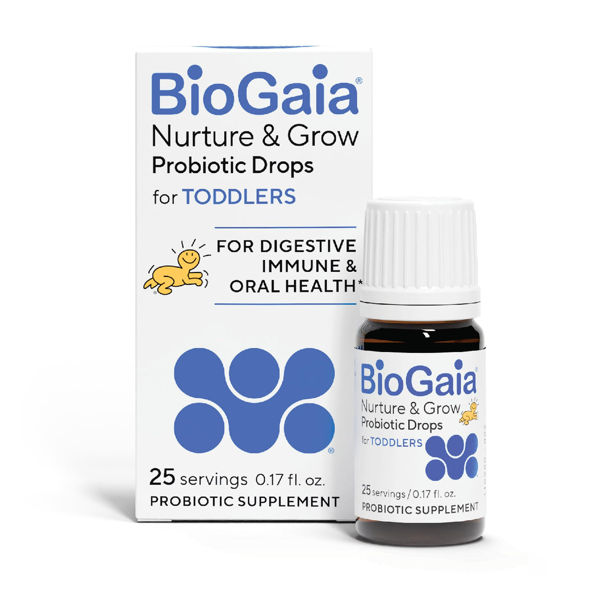 BioGaia frasco frontal mostrando el diseño y fácil identificación del producto