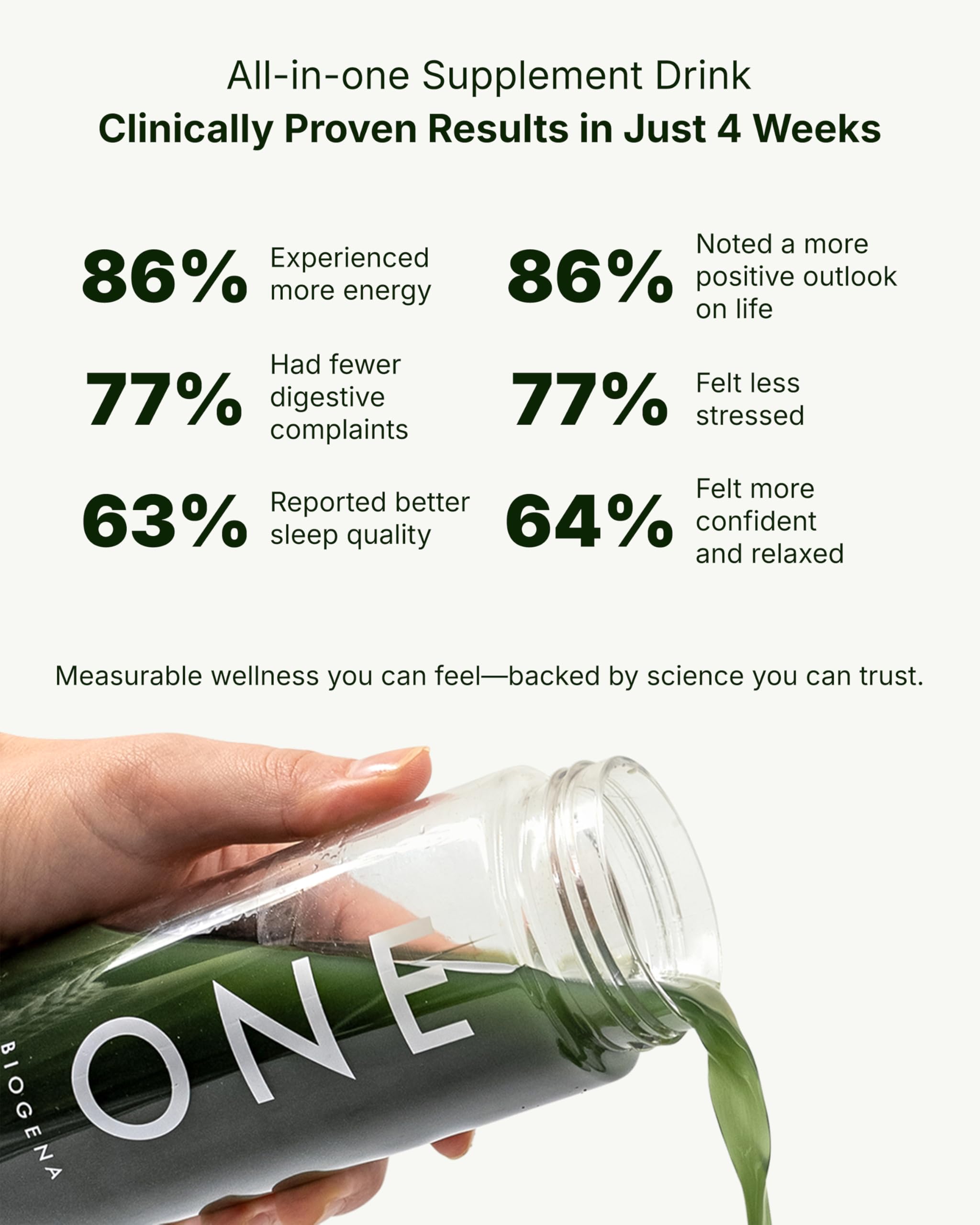 BIOGENA ONE shaker con sobre en mano, preparación rápida y práctica