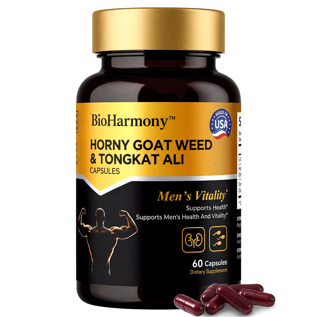 BioHarmony frasco frontal mostrando el diseño y conteo de 60 cápsulas, transmite confianza