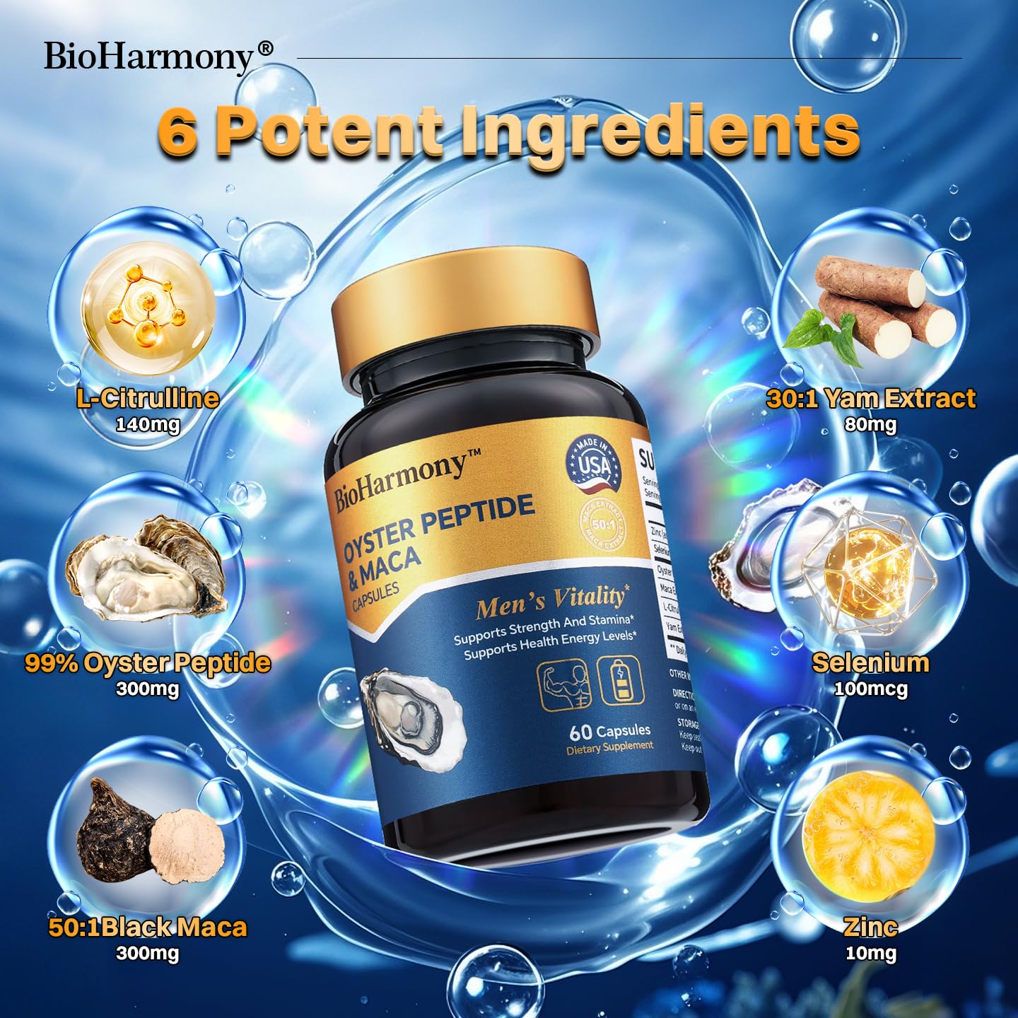 BioHarmony ingredientes ostión y maca en primer plano que ilustran origen natural