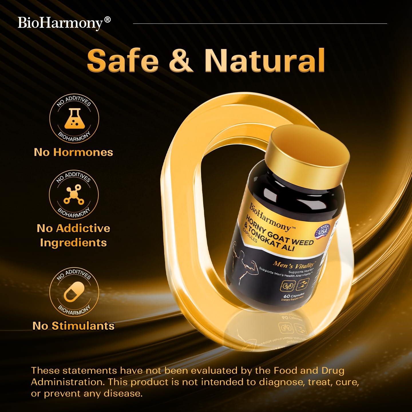 BioHarmony producto acompañado de pesas y ropa deportiva, sugiere energía y resistencia