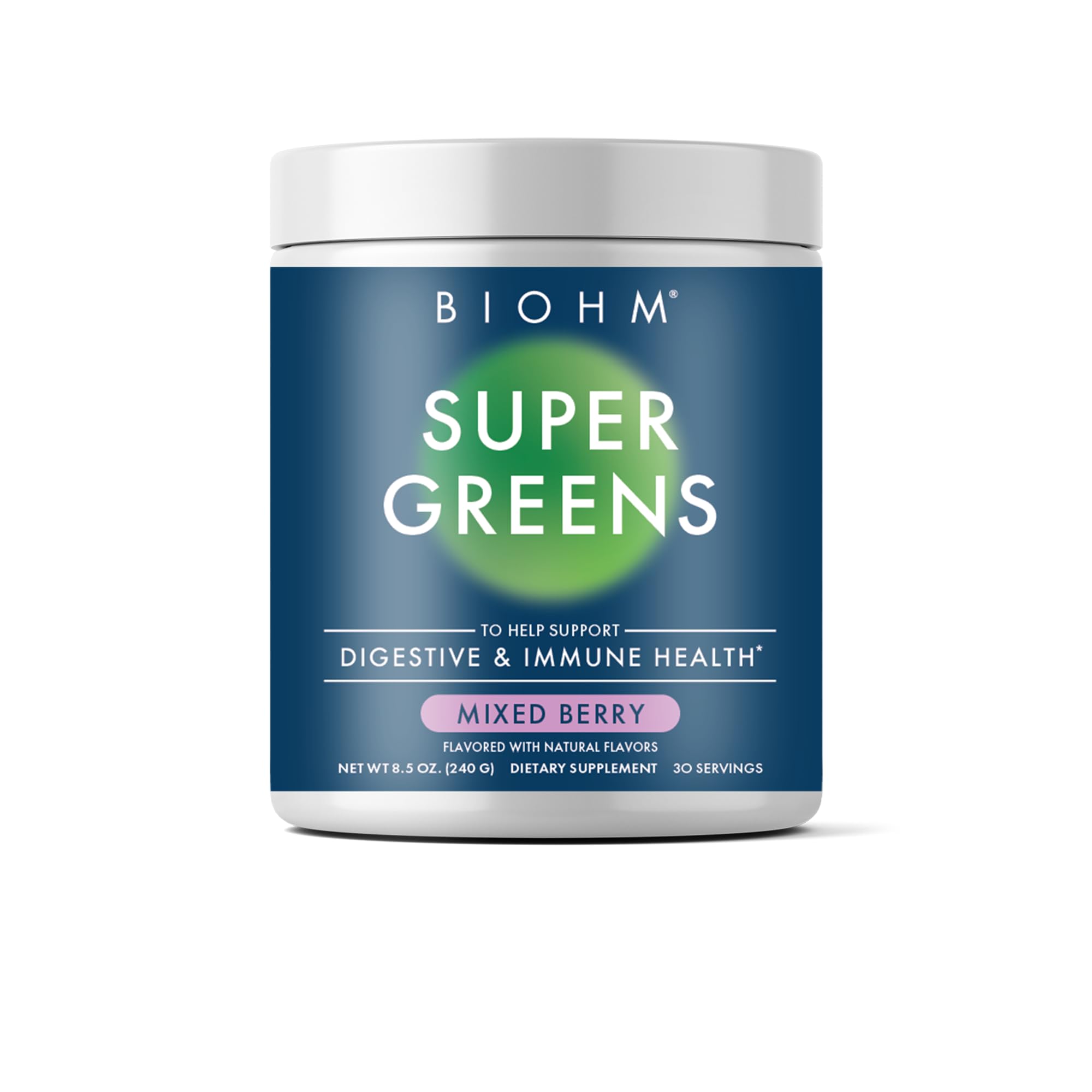 BIOHM envase frontal del Super Greens mostrando etiqueta y tamaño