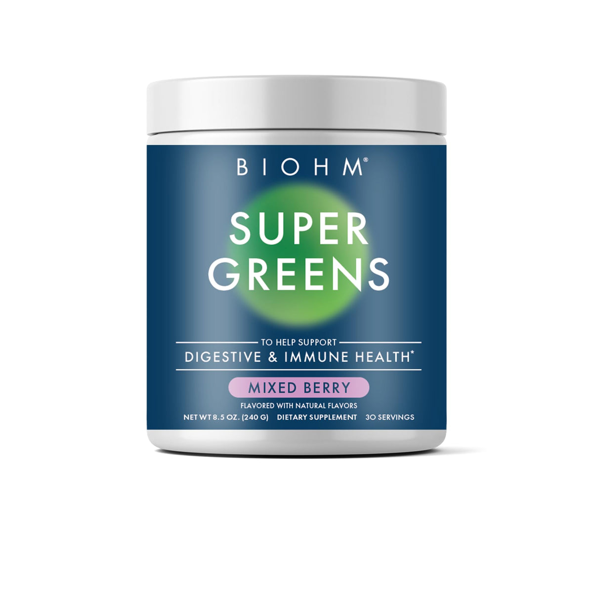 BIOHM envase frontal del Super Greens mostrando etiqueta y tamaño