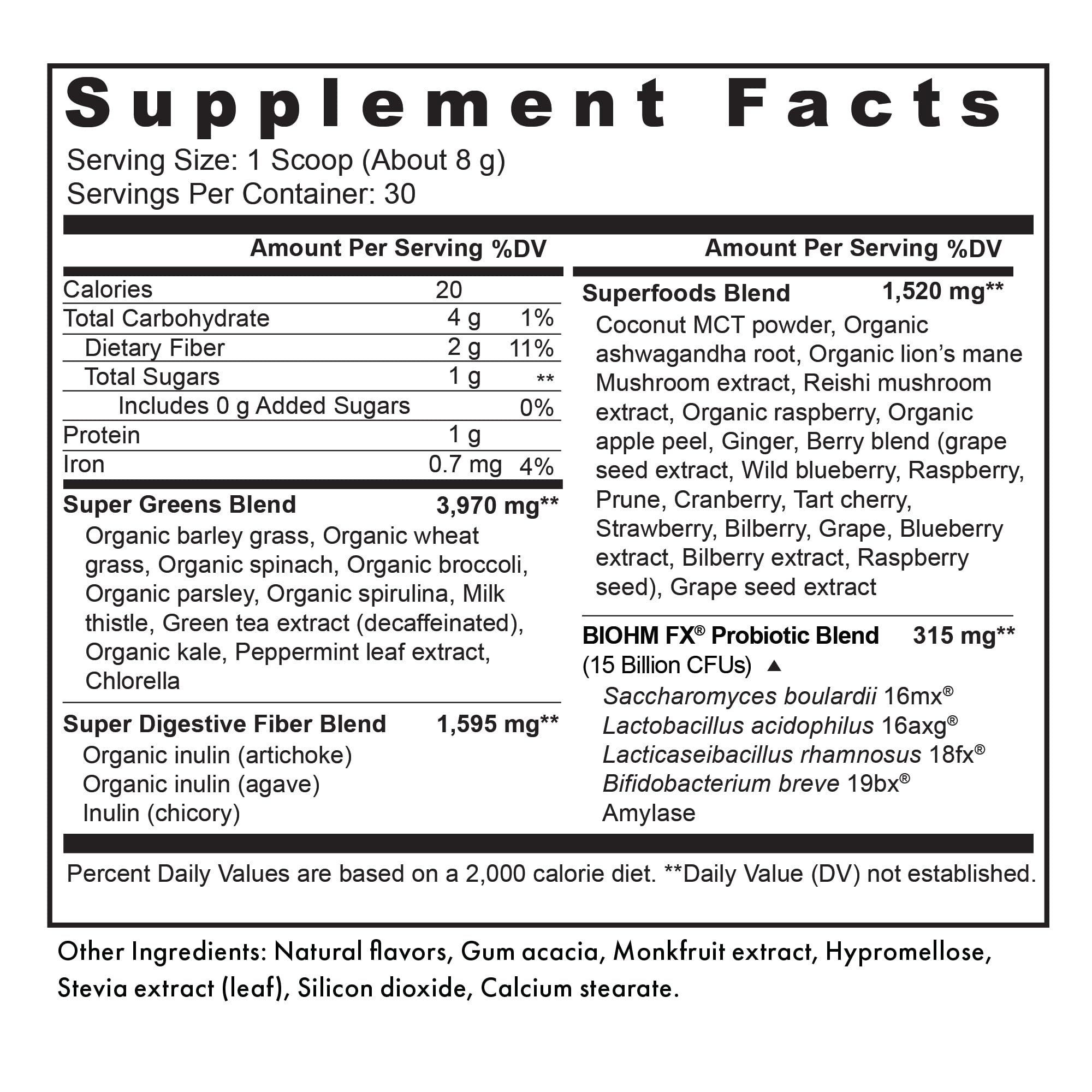 cucharada de BIOHM Super Greens lista para mezclar, fácil dosificación