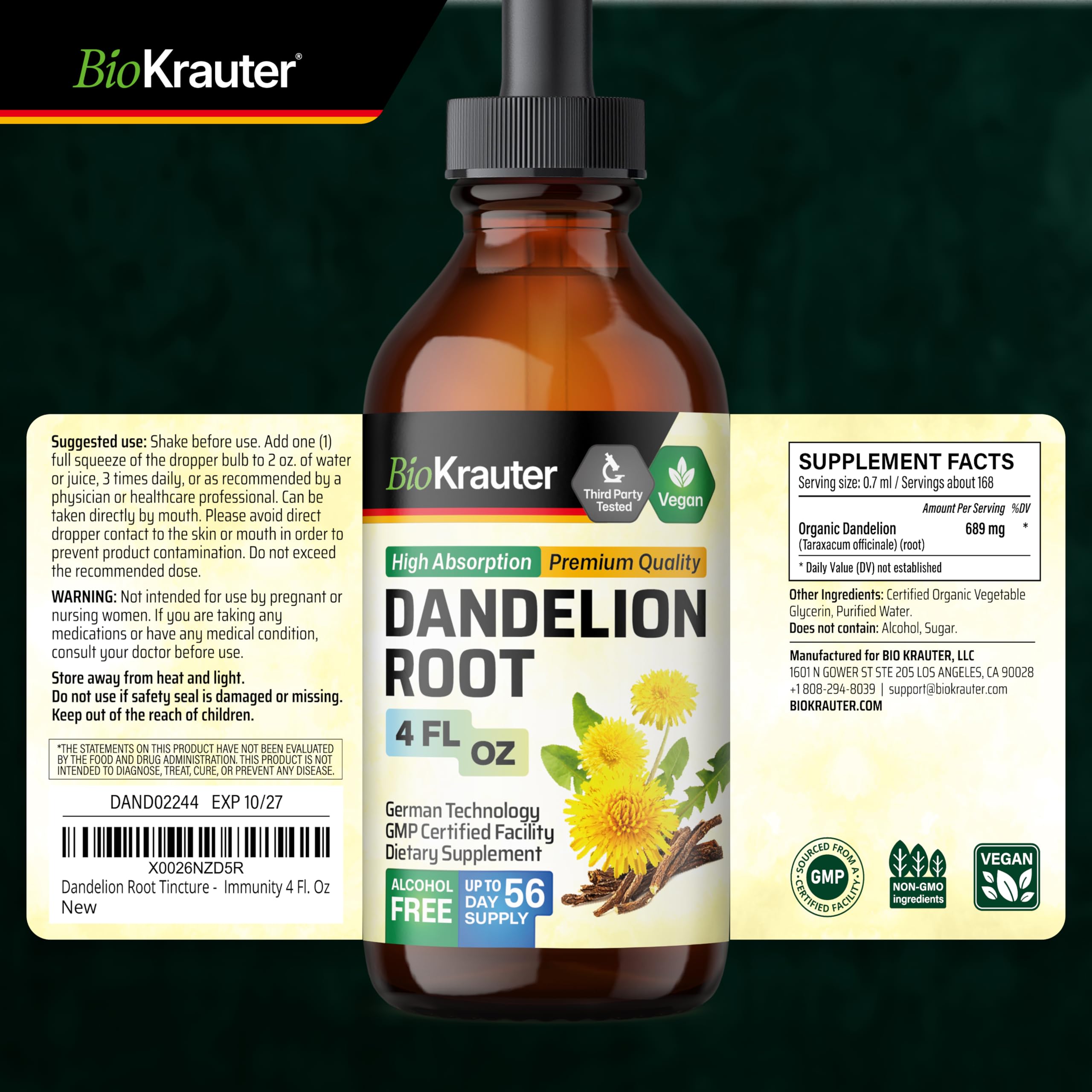 BIO KRAUTER frasco junto a hojas de diente de león indicando origen natural