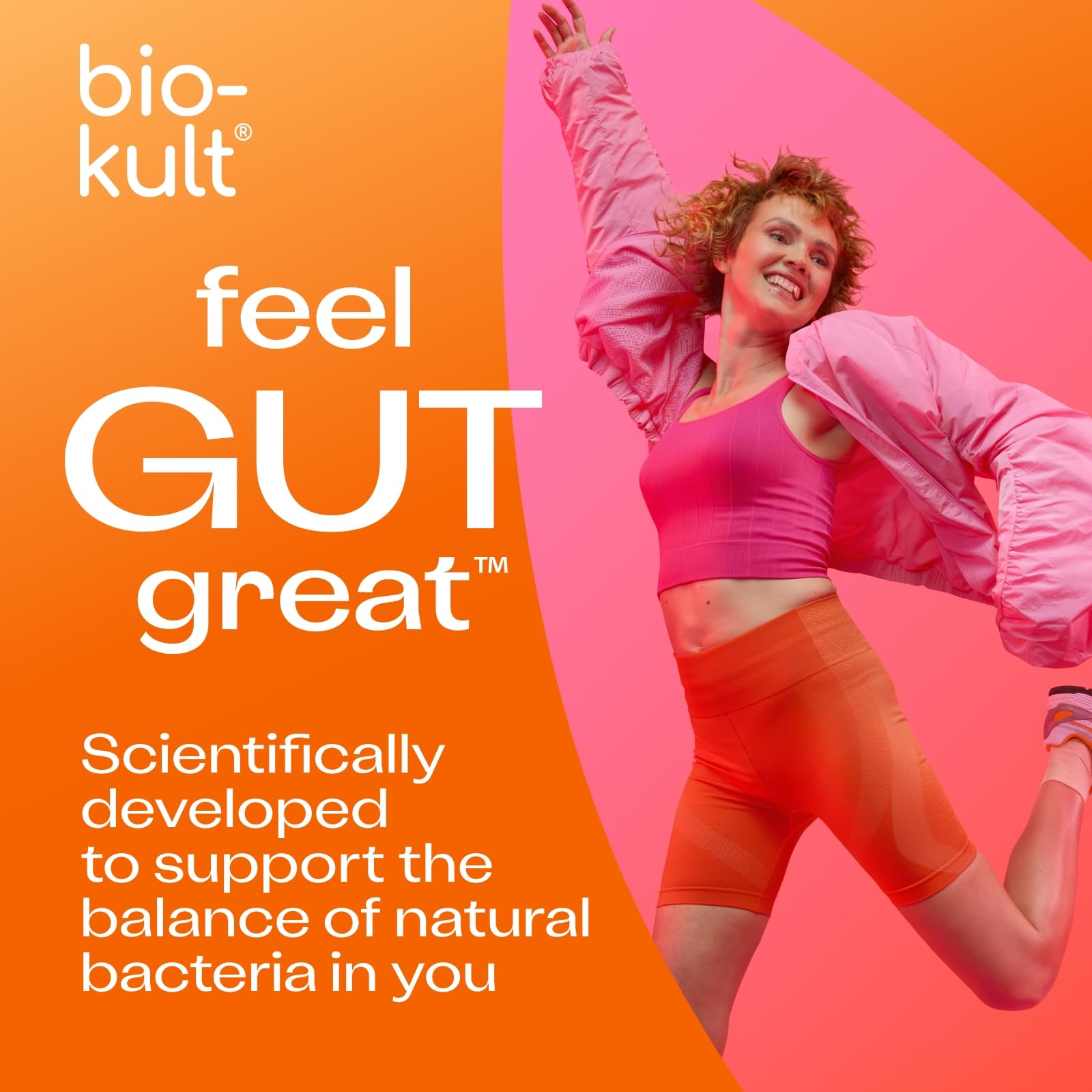 Bio‑Kult frasco en encimera de cocina sugiriendo uso diario práctico