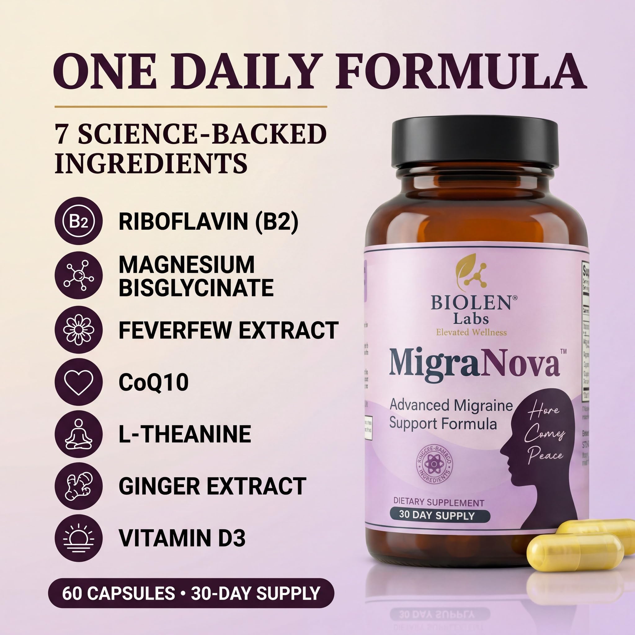 Biolen Labs MigraNova botella abierta con cápsulas accesibles