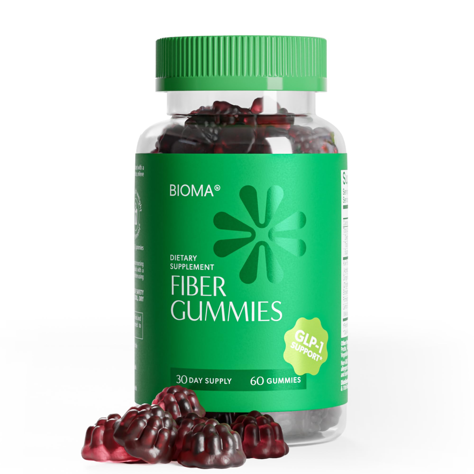 BIOMA frasco frontal que muestra 60 gomitas, beneficio conveniencia diaria