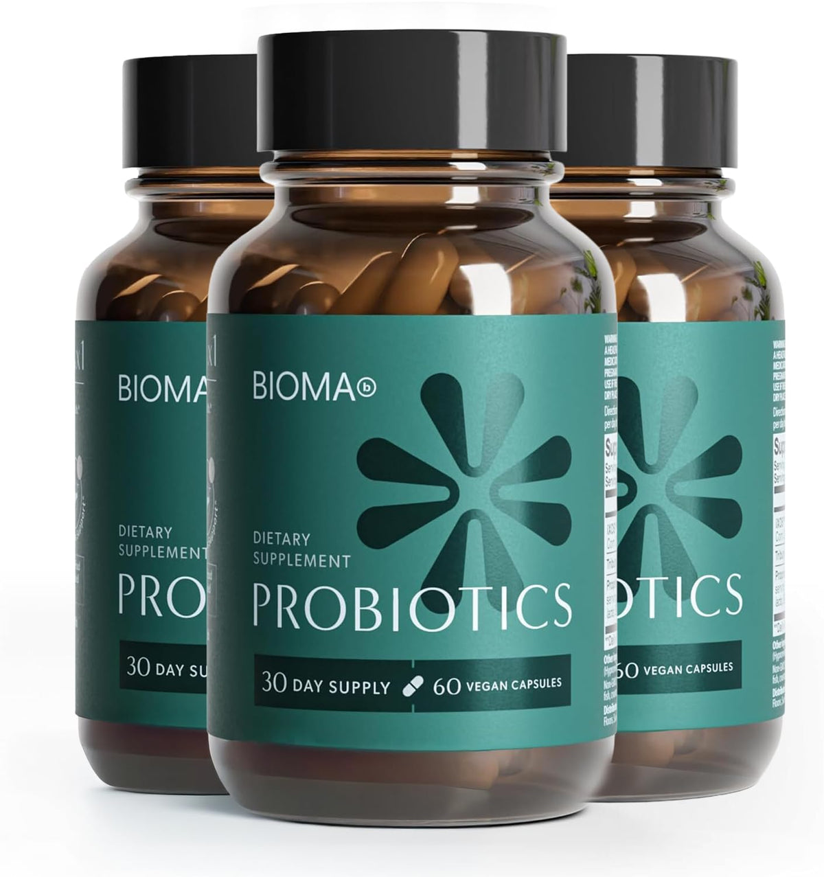 BIOMA frasco frontal mostrando 180 cápsulas y beneficios digestivos