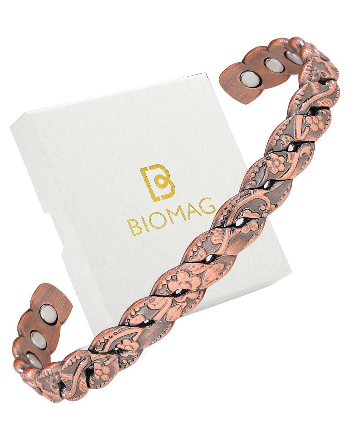 BioMag vista frontal del brazalete en caja, presentación lista para regalo
