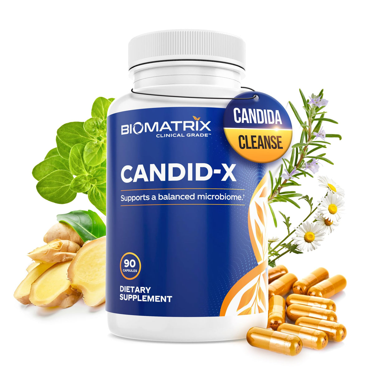 BioMatrix frasco Candid-X frontal mostrando etiqueta clara y beneficios