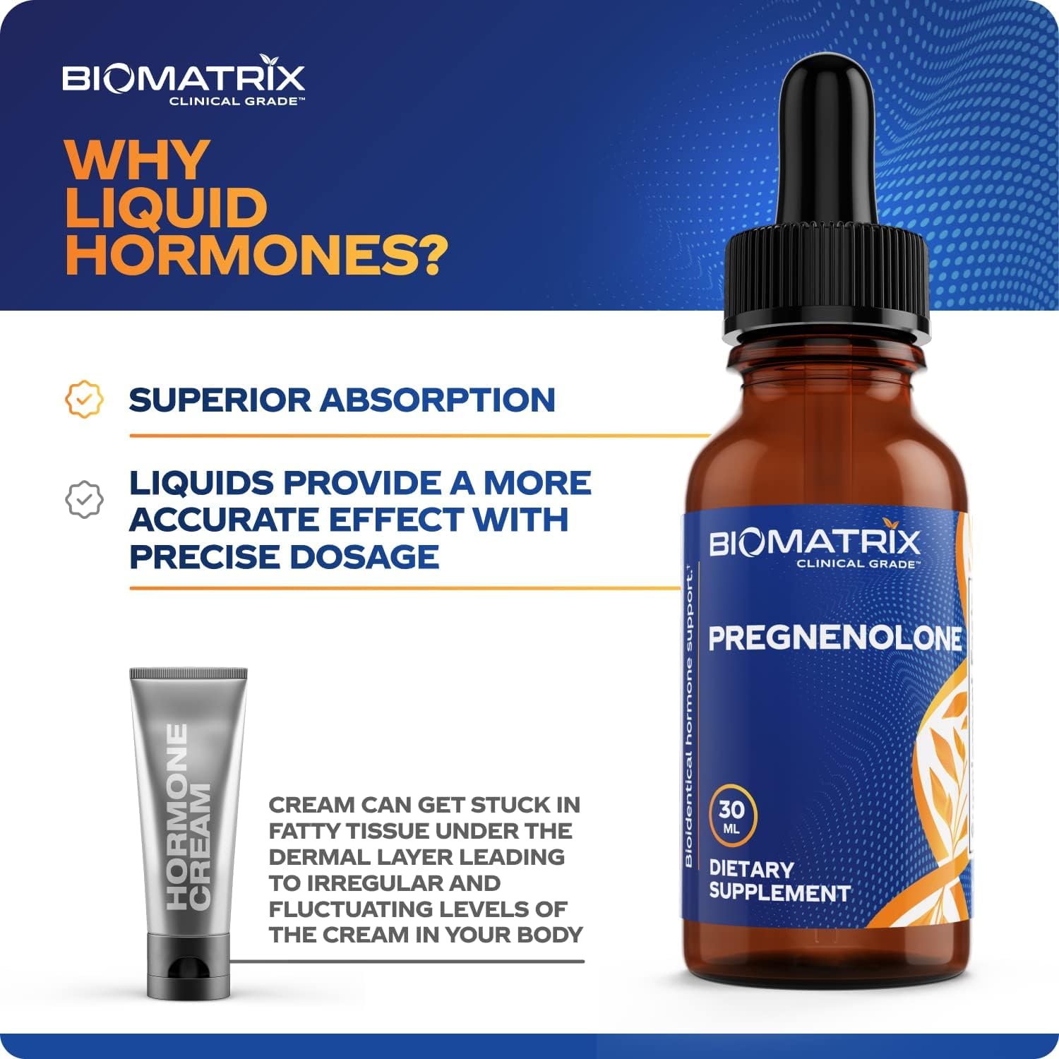 BioMatrix comparación de tamaño del frasco 30 ml junto a mano para escala visual