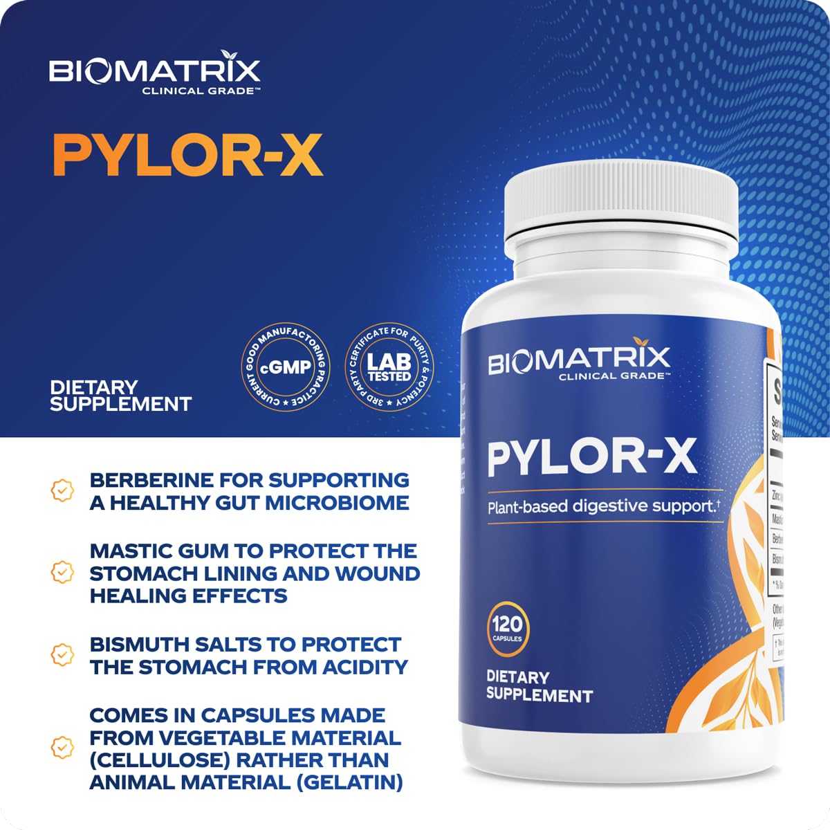 BioMatrix cápsulas Pylor-X apiladas ilustrando la cantidad y facilidad de toma