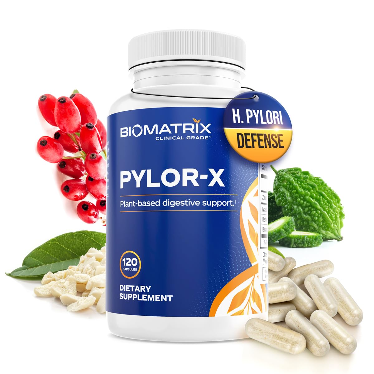 BioMatrix frasco Pylor-X frontal mostrando 120 cápsulas para confort digestivo