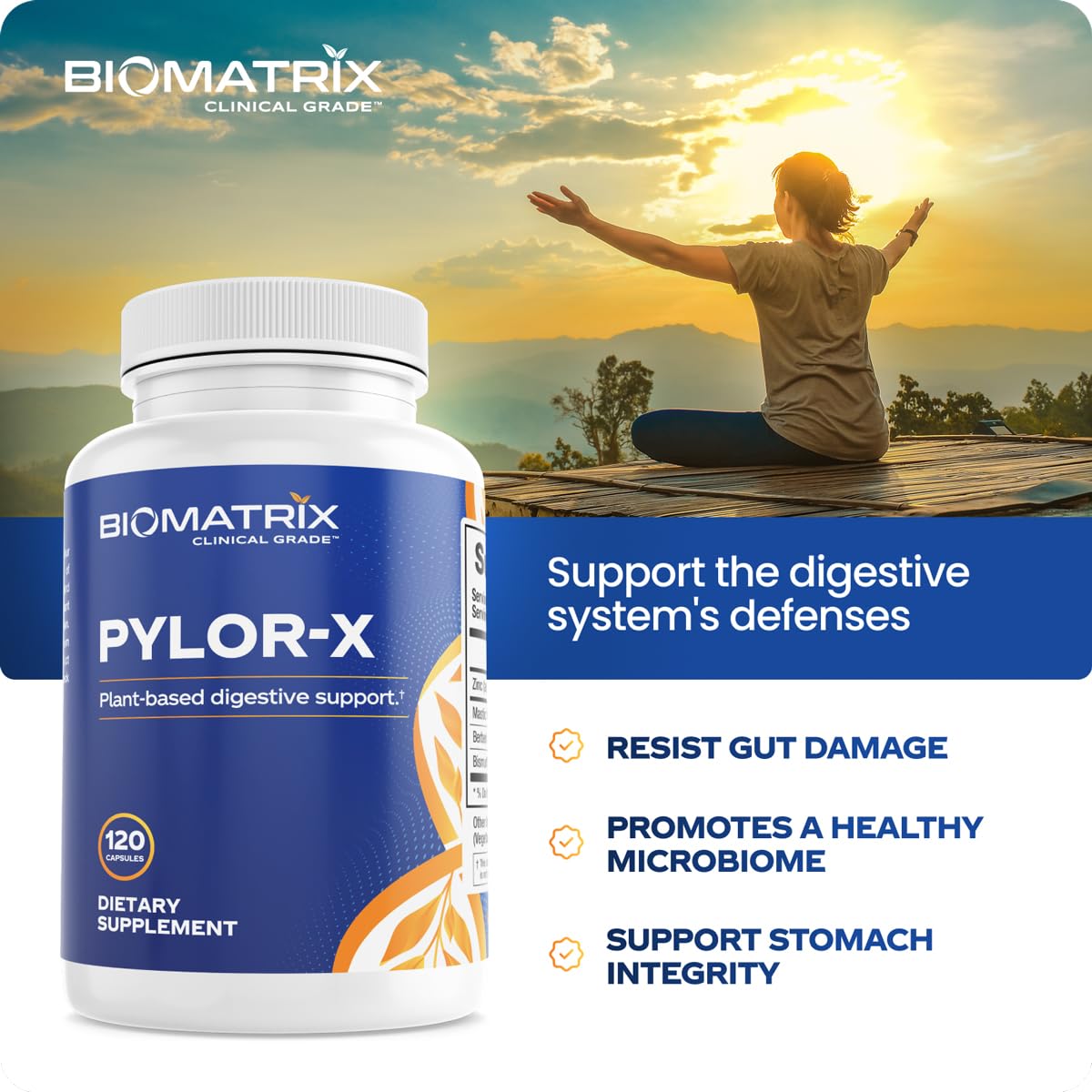 BioMatrix detalle de cápsula Pylor-X enfoque en textura y pureza del producto