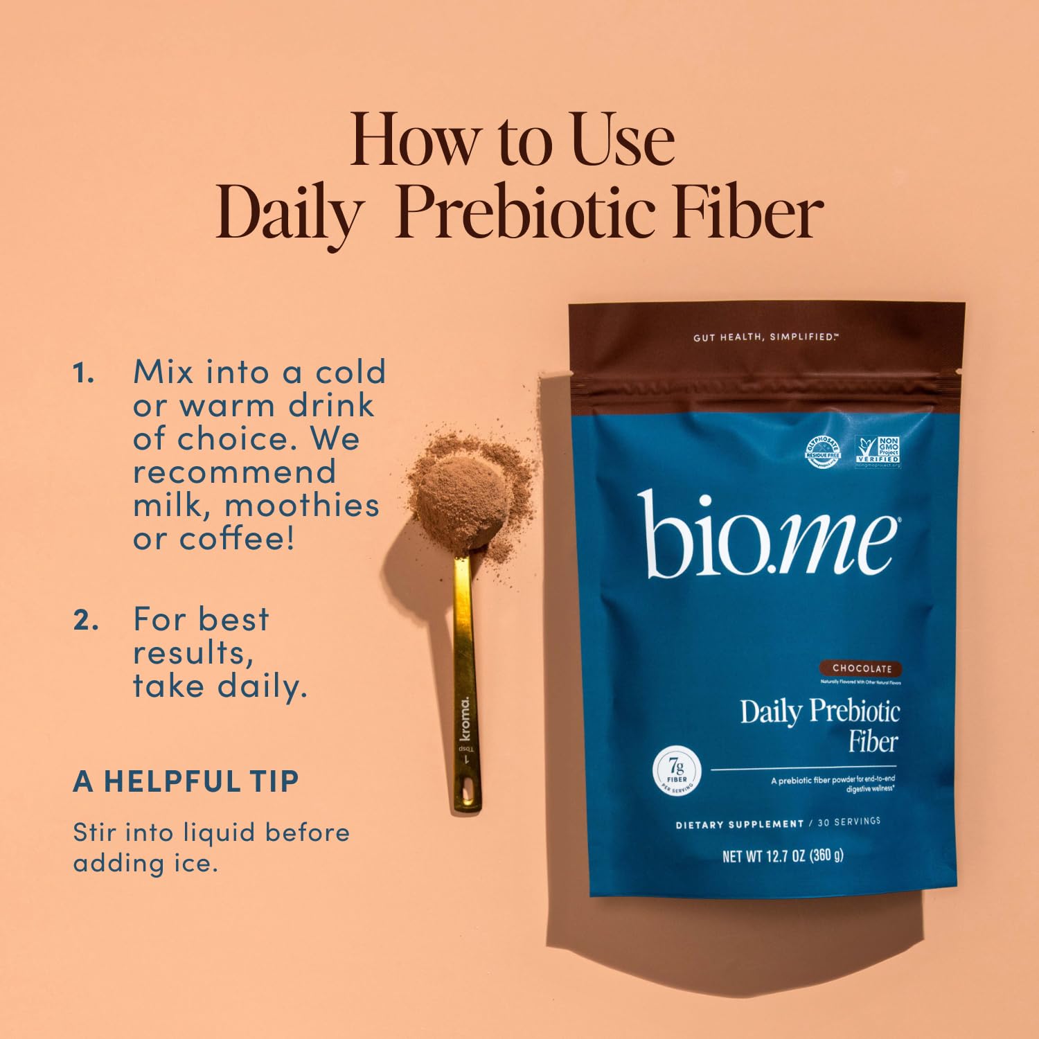Bio.me producto en mesa de desayuno con batido y fruta, estilo de vida saludable