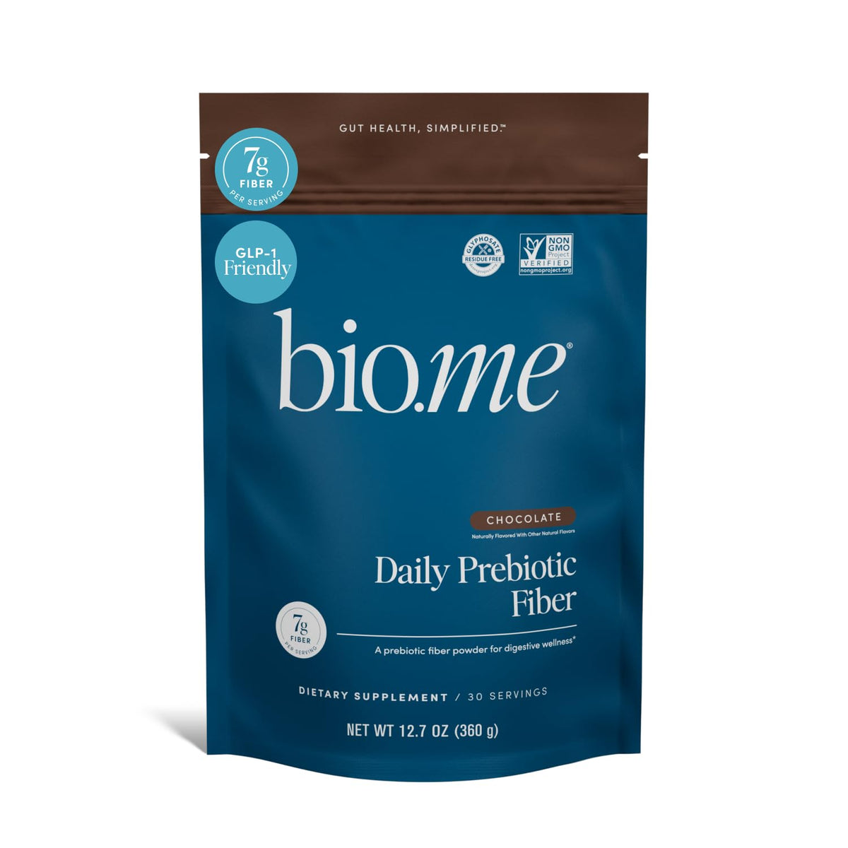 Bio.me vista frontal del envase chocolate, diseño claro y beneficio de fibra