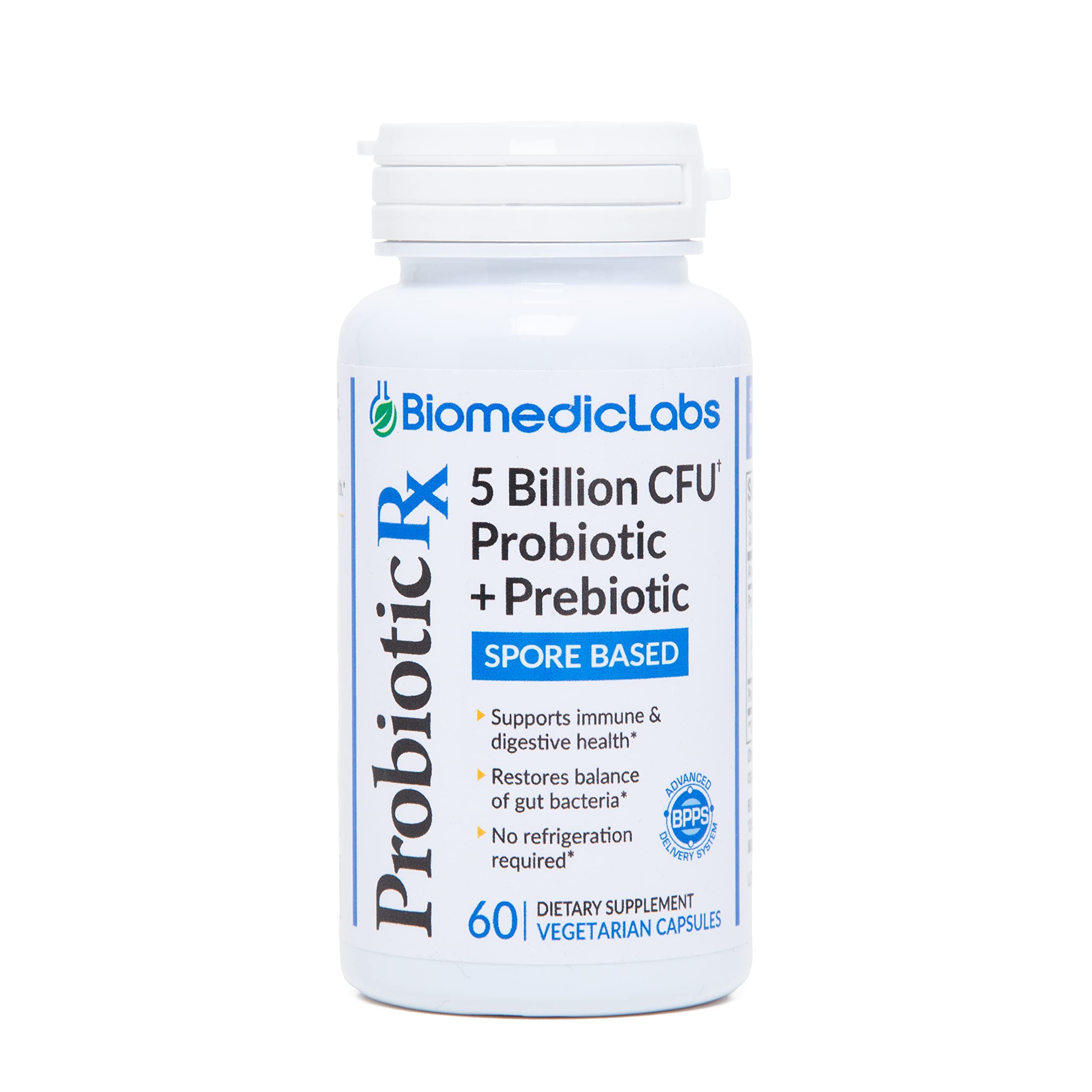 Biomedic Labs RX envase frontal mostrando etiqueta y beneficio de conservación a temperatura ambiente